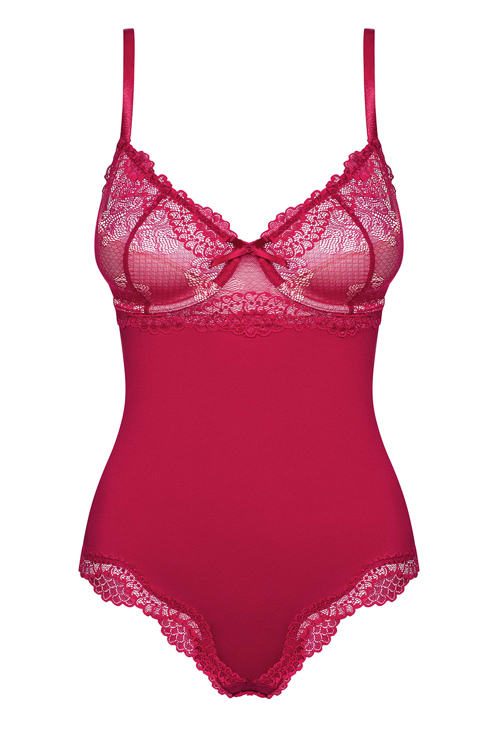 Obsessive. Frauen Dessous Teddy Body in Rot mit Schleife aus Stretch und floraler Spitze transparent erotisch elastisch