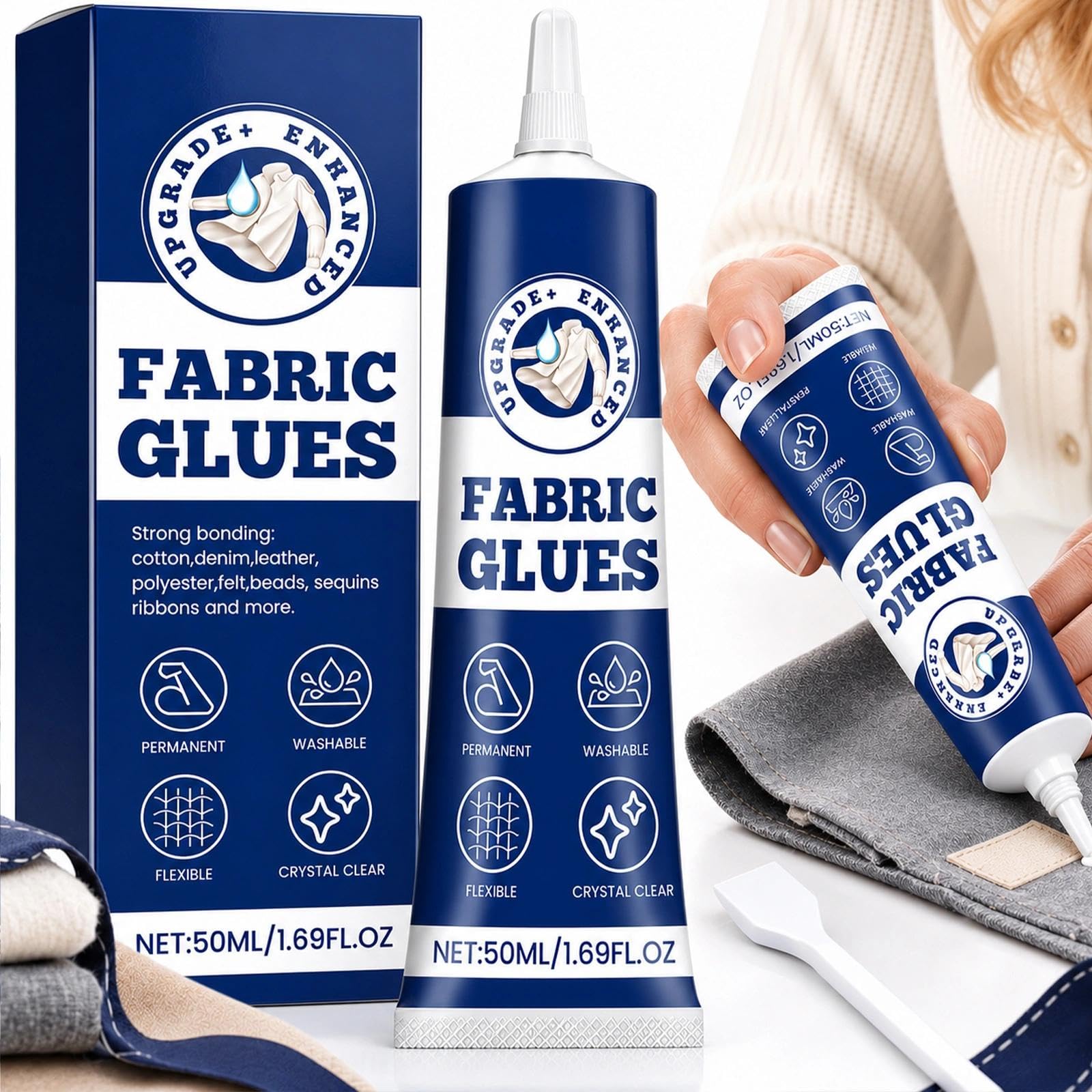 Fabric Glue 60ml, Extra Strong Permanent Clear Adhesive for Clothes, Leather, Upholstery, Textile, Felt, Patches, Washable Fabric Adhesive for Repairs and DIY Crafts