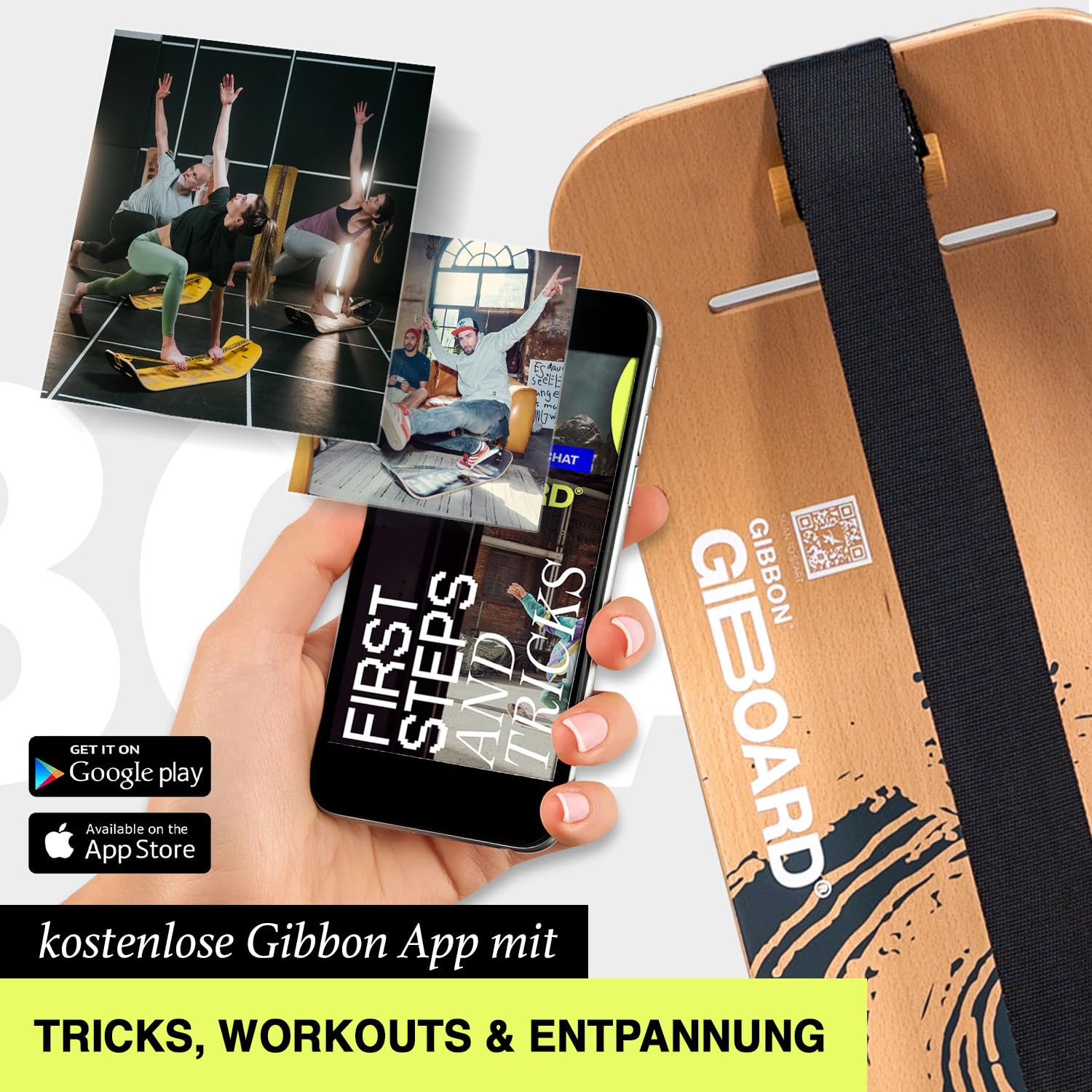 GIBBON zestaw giboardowy Active White/Black | Innowacyjna deska do ćwiczeń | interaktywny trening z aplikacją, do domu i w podróży, idealny do treningu figur i treningów