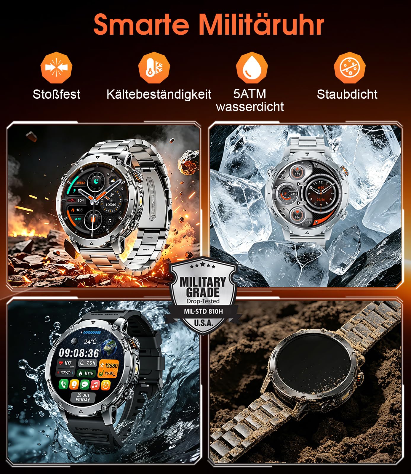 LIGE Militär Smartwatch Herren, 1400mAh Akku, 1,7 Zoll HD Große Smart Watch mit LED Taschenlampe, Bluetooth Anruf, 110+ Sportmodi, IP68 Wasserdicht, Fitnessuhr für Android iOS, 2 Armbändern, Schwarz