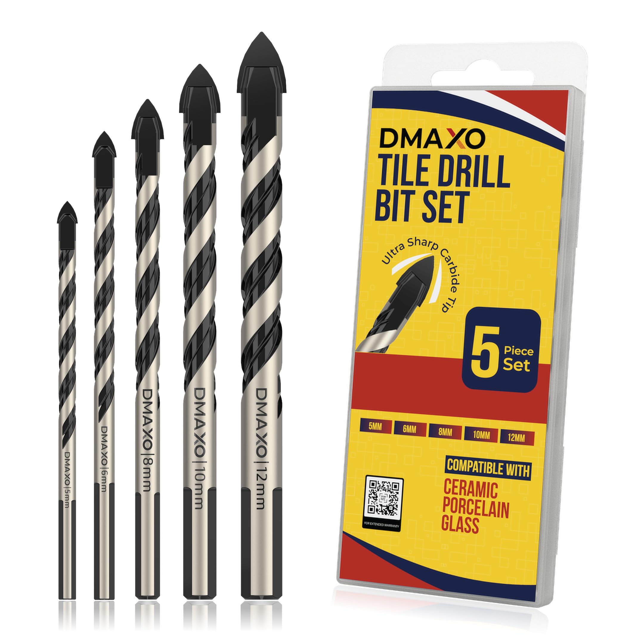 DMAXO 5 PCs Tile Drill Bit Set - Carbide Tipped Drill Bits - Multi-Material Tile Drill Bits - Porcelain Tile Drill Bit - Ceramic Tile Drill Bits - Glass Drill Bit Set - 5, 6, 8, 10, 12 mm