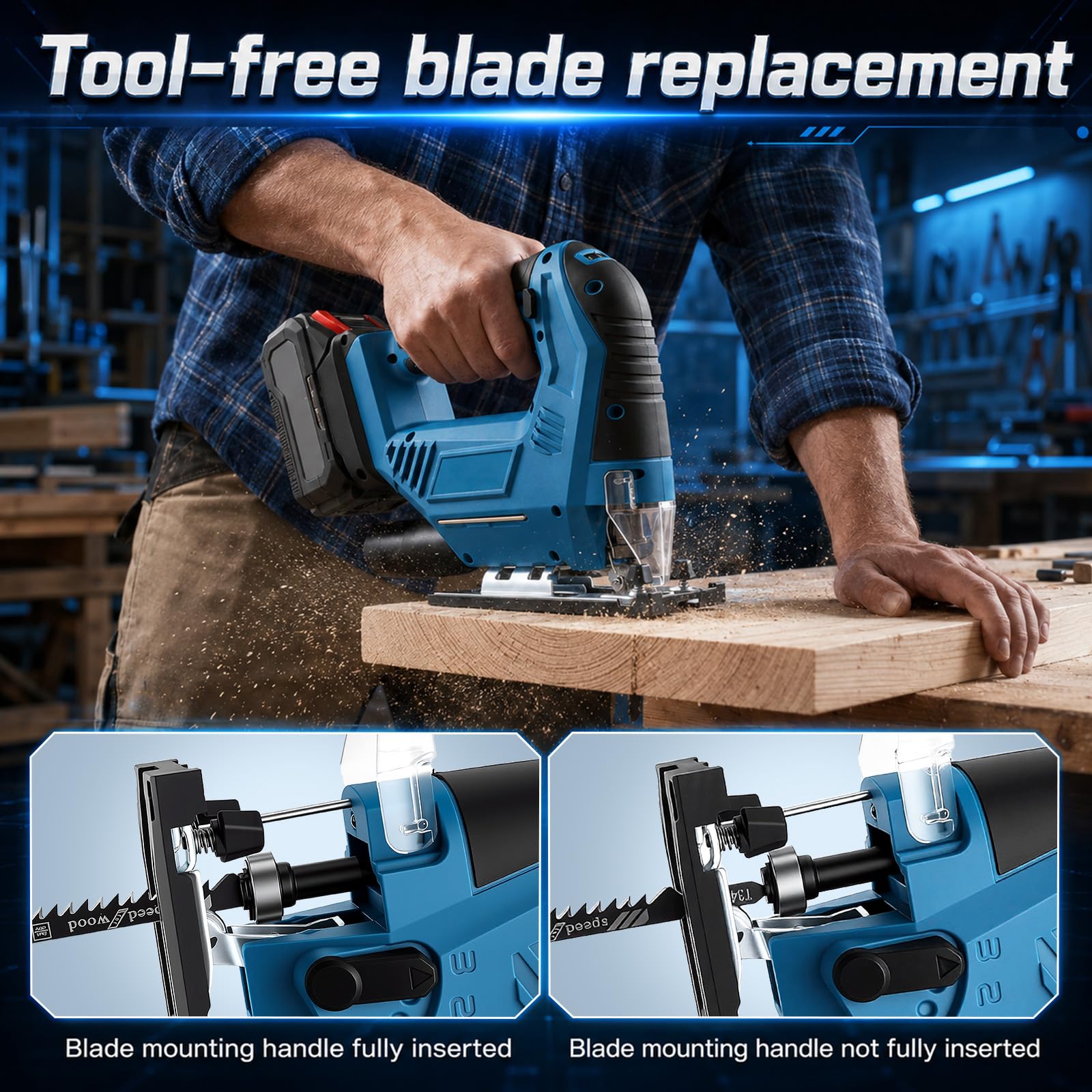 Sierra de calar con batería compatible con baterías Makita de 18 V, sierra de calar pendular con 7 velocidades, corte de inglete de ± 45°, luz LED, cambio de hoja de sierra sin herramientas, para