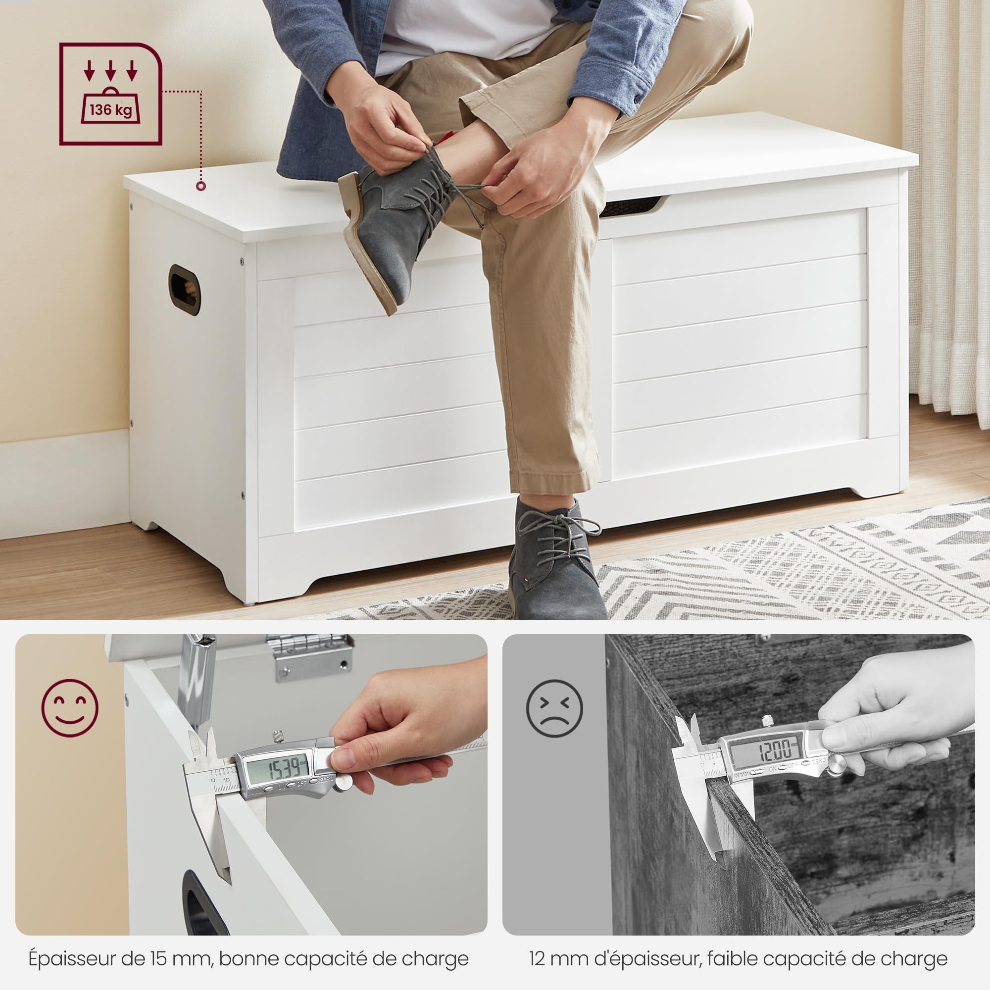 VASAGLE Coffre de Rangement, Banc à Chaussures, avec 2 Charnières de Sécurité, Imitation Grange, 40 x 100 x 46 cm, pour Entrée, Couloir, Chambre, Salon, Blanc Nuage LSB061T10