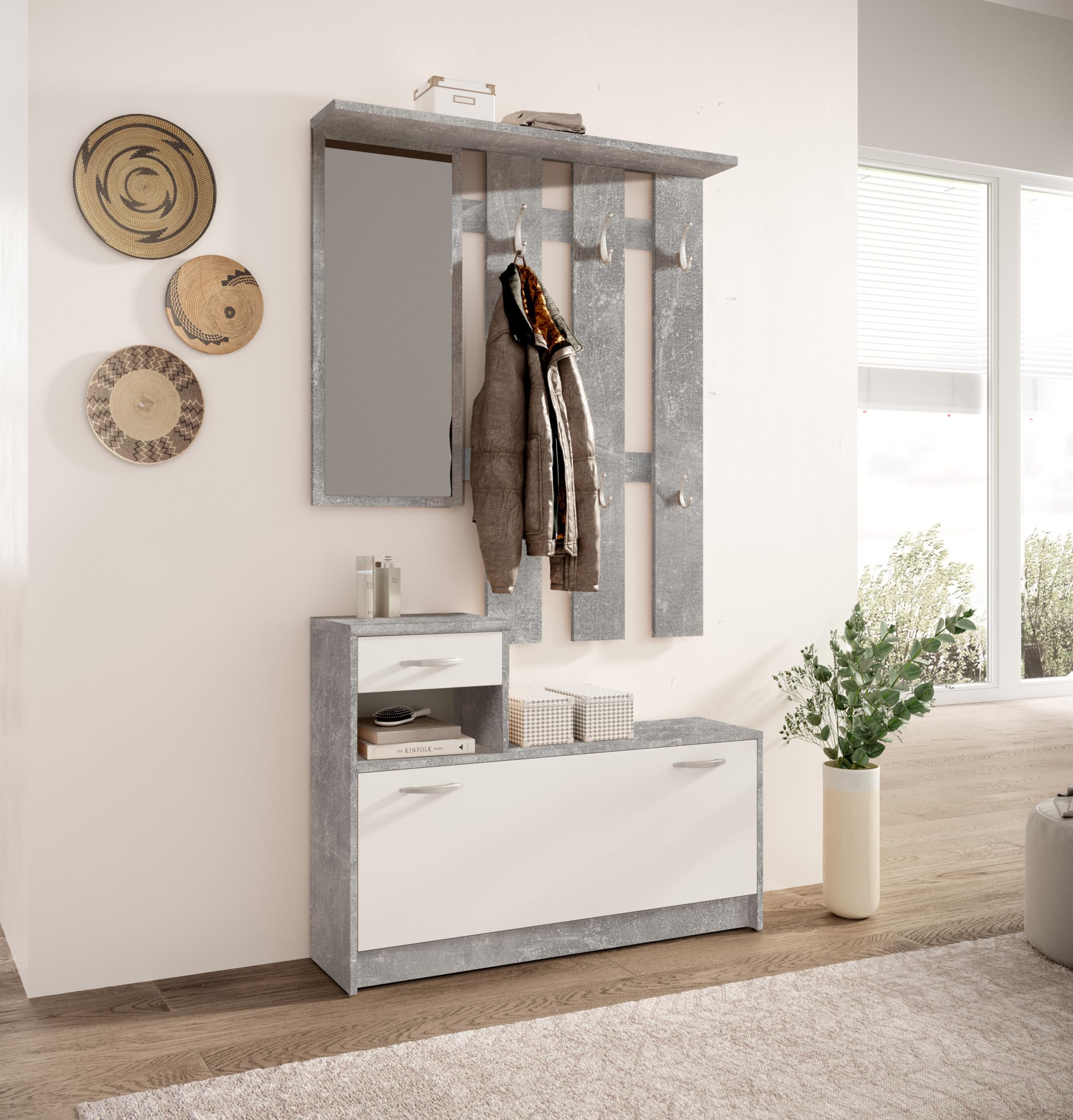 Vera Garderobe mit Spiegel weiß matt - Kompaktgarderobe Korpus Beton Optik - 100 x 190 x 26 cm (B/H/T)