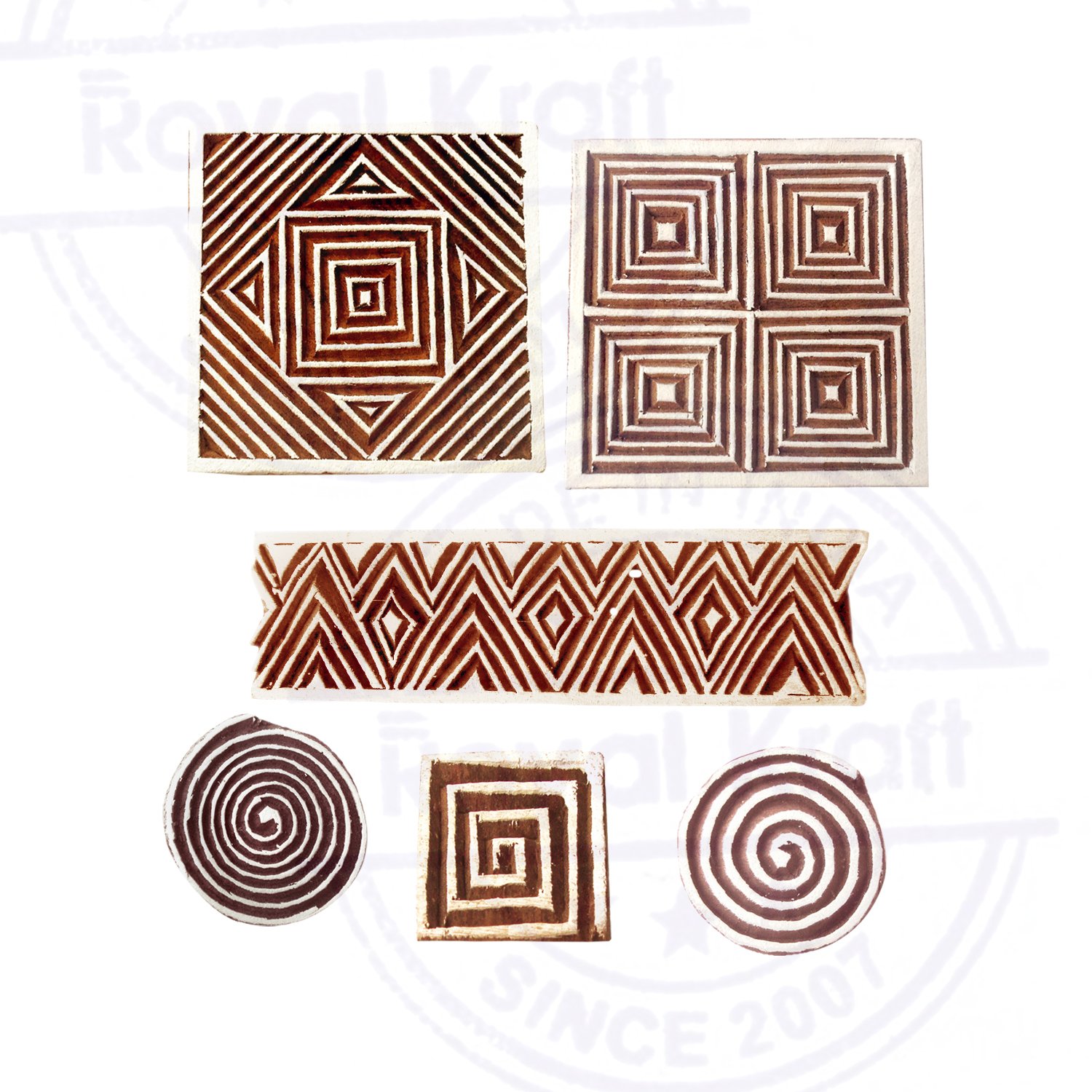 Textile Print Blocks Popular Swirl Square Pattern Wooden Stamps (Set of 6)