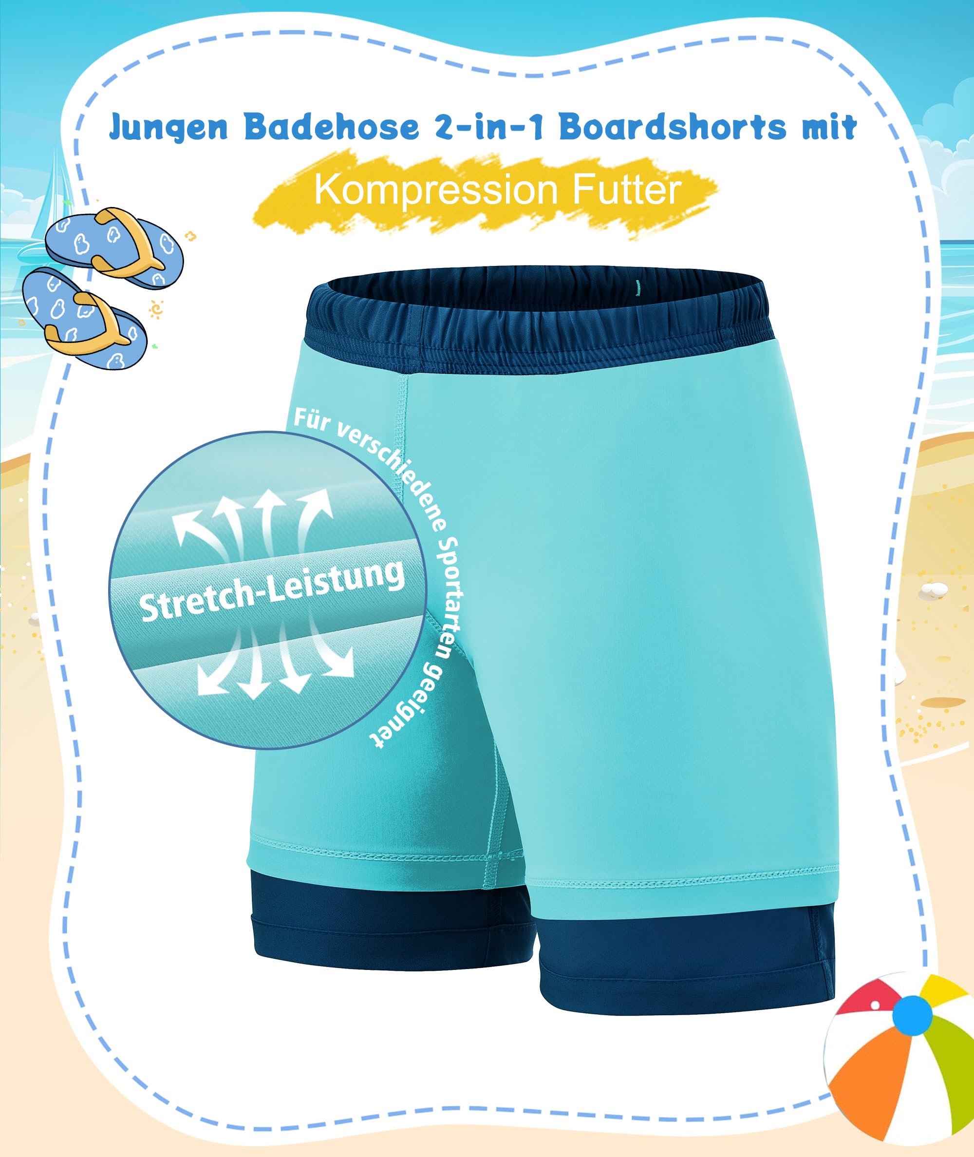 Zoofly Pantalones Cortos de Playa para Niños con Forro Compresivo, Secado Rápido y Transpirable, Cintura Elástica y Bolsillos, para Niños de 4-16Años