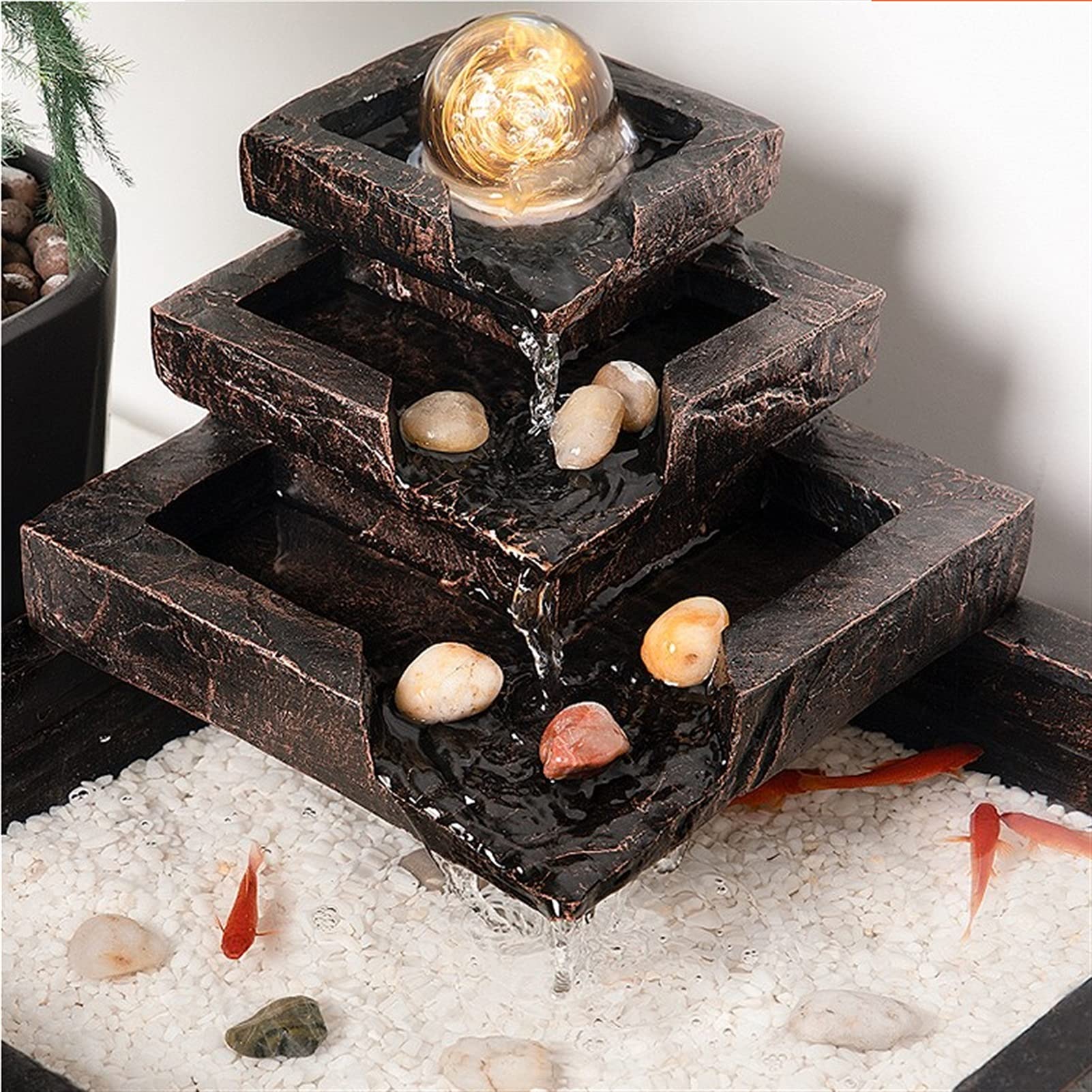 Fuente de Mesa Decorativa para Interior, Fuente de Agua con Cascada, de Resina, con Bomba de Agua, Feng Shui Zen, decoración para salón, Dormitorio, Oficina, 31 x 31 x 22 cm