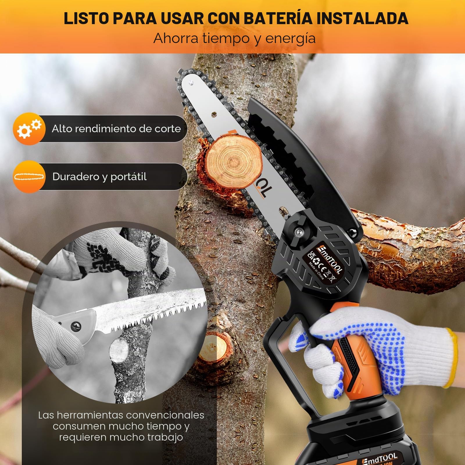 Sierra de cadena a batería de 21 V con batería, 2 cadenas, 6 pulgadas, naranja, motosierra eléctrica con una sola mano, con cerradura de seguridad para jardinería, poda de árboles, corte de