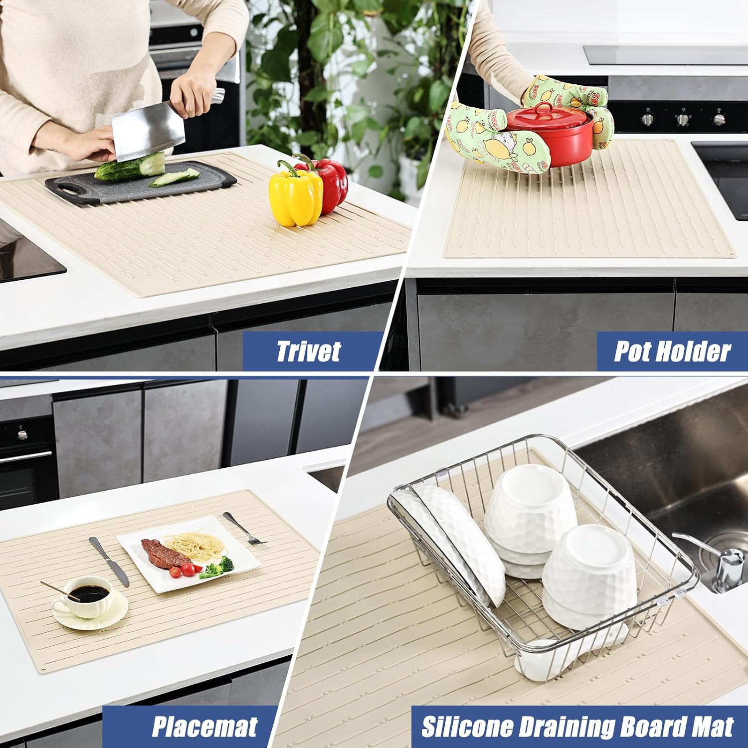 Silicone Dish Drying Mat 20" x 28", Non-Slip Easy Clean Sink Mat Large Heat-Resistant Dish Drainer Mat for Kitchen Counter, Sink, Refrigerator or Drawer Liner