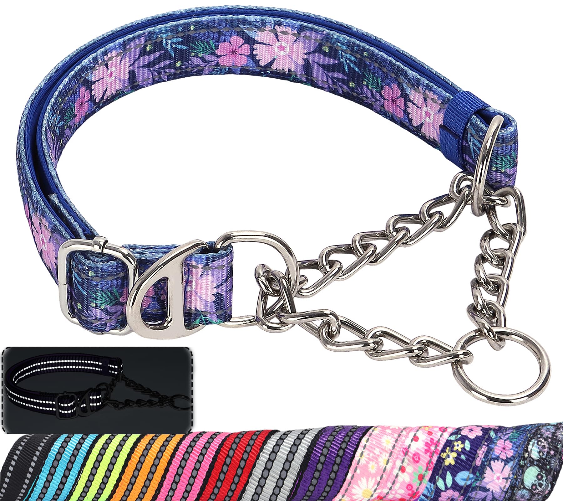 Martingale Dog Collar with Steel Chain, Reflective Choke Collar with Soft Padded- Adjustable No Pull with Bohemia Flower for Training Large Dogs Pet