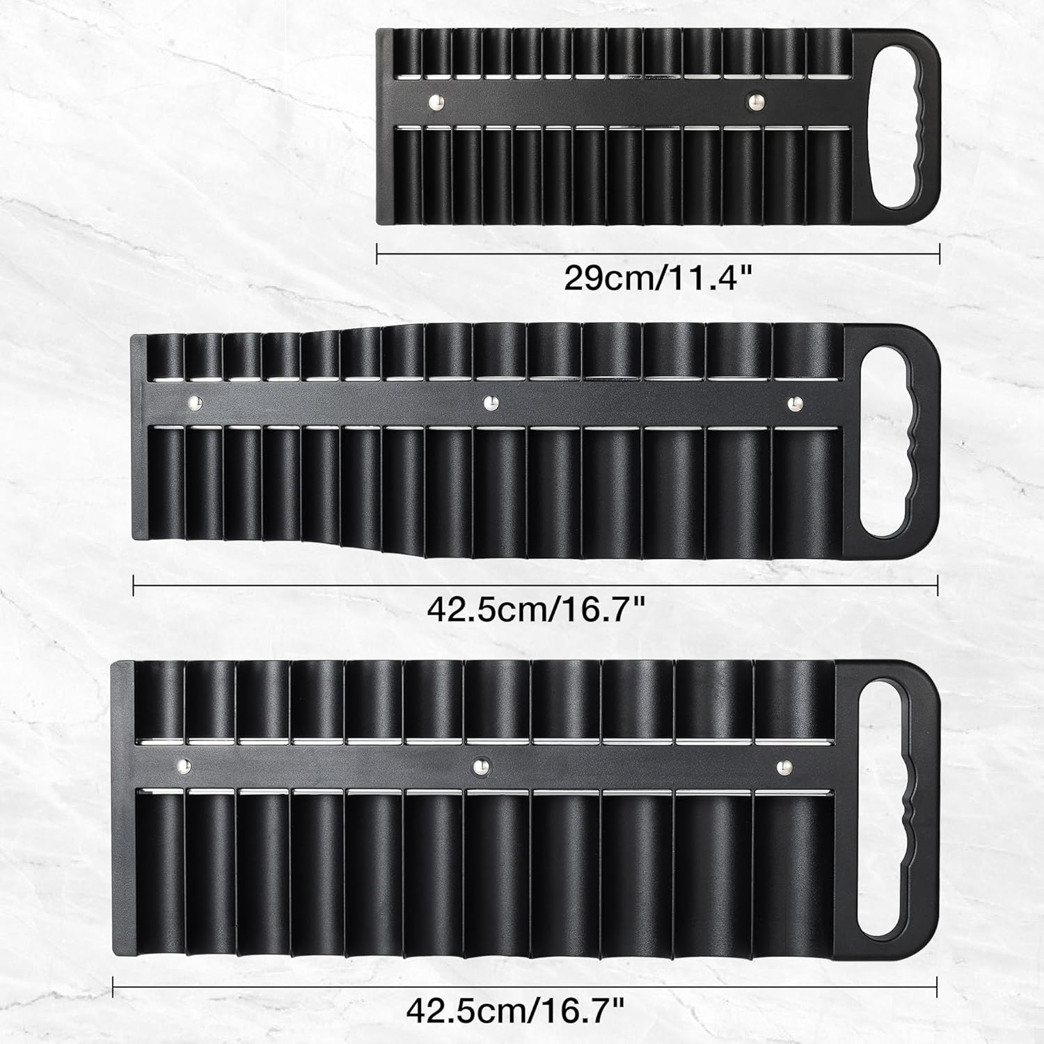 Magnetic Socket Organizer Set, 3 Pcs Black Portable Heavy Duty Socket Rail Set: 1/4-Inch x 22 Pallets, 3/8-Inch x 28 Pallets, 1/2-Inch x 26 Pallets, Hold 76 Sockets - Fit Shallow&Deep Sockets