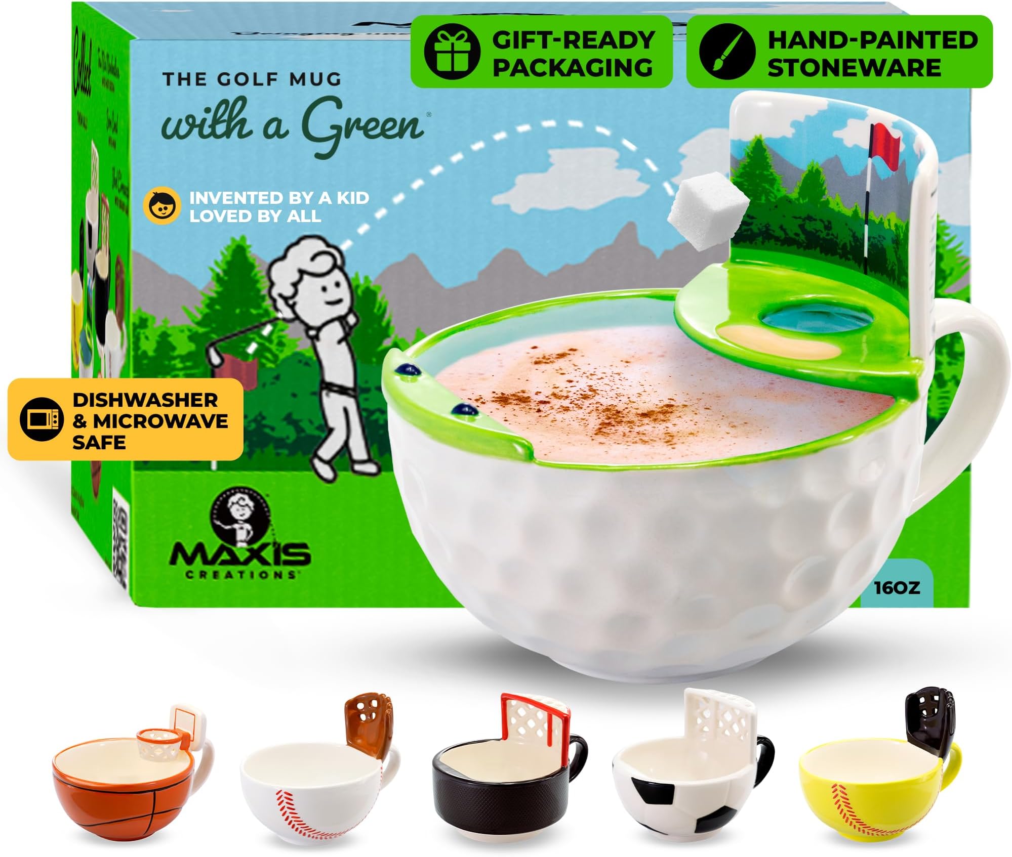 MAX'IS Creations The Golf Mug with a Green - Unique Funny Golf Gifts for Men Women Gift for Golfers Dad Mom Accessories, Novelty Ceramic Funny Coffee Mug, 16oz