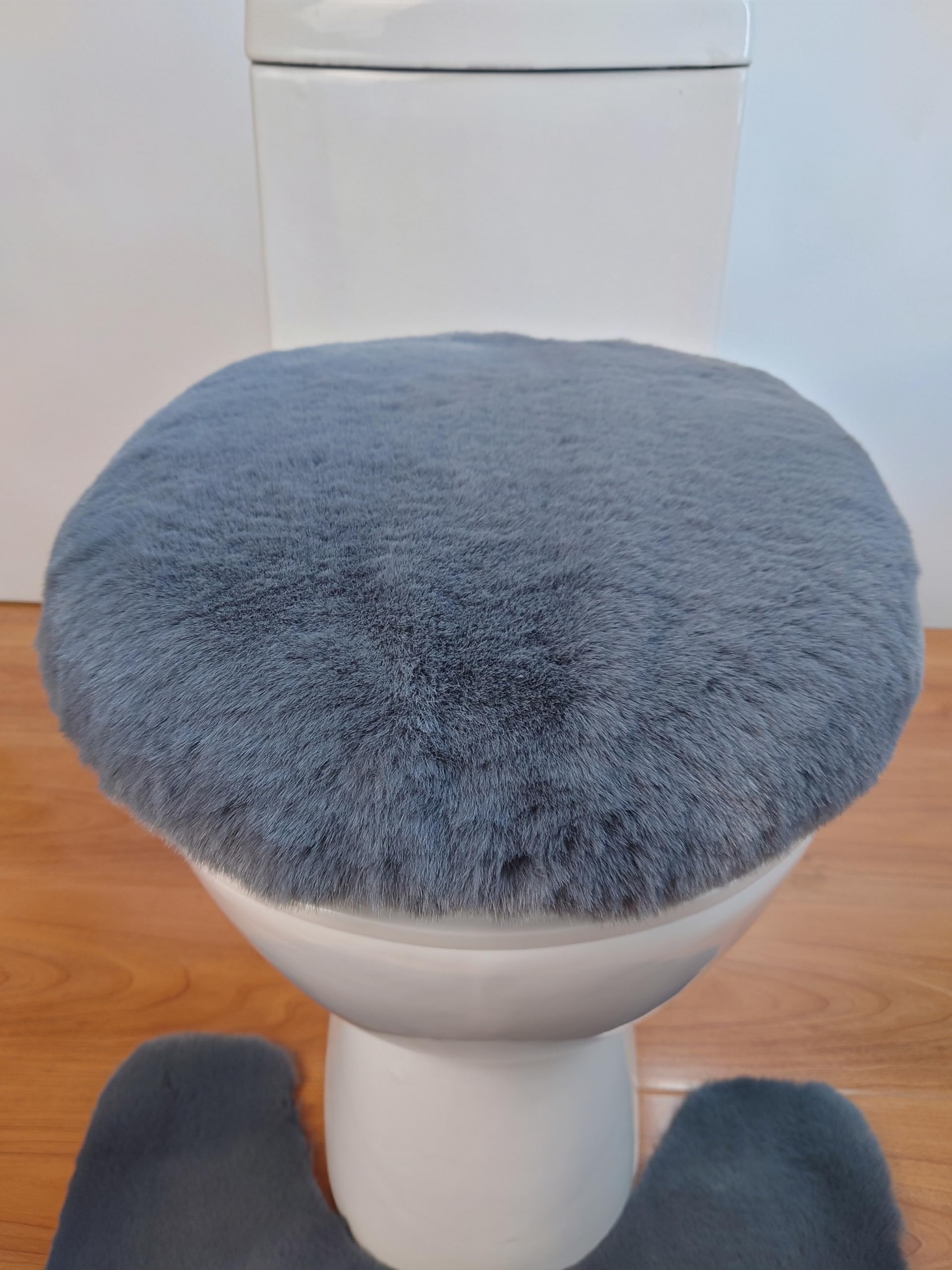 Imitation Rabbit Fur Toilet seat Cushion+U-Shaped Floor mat Set for All Seasons, Warm and Non Slip Bathroom Decoration Toilet seat Cushion (Dark Gray)