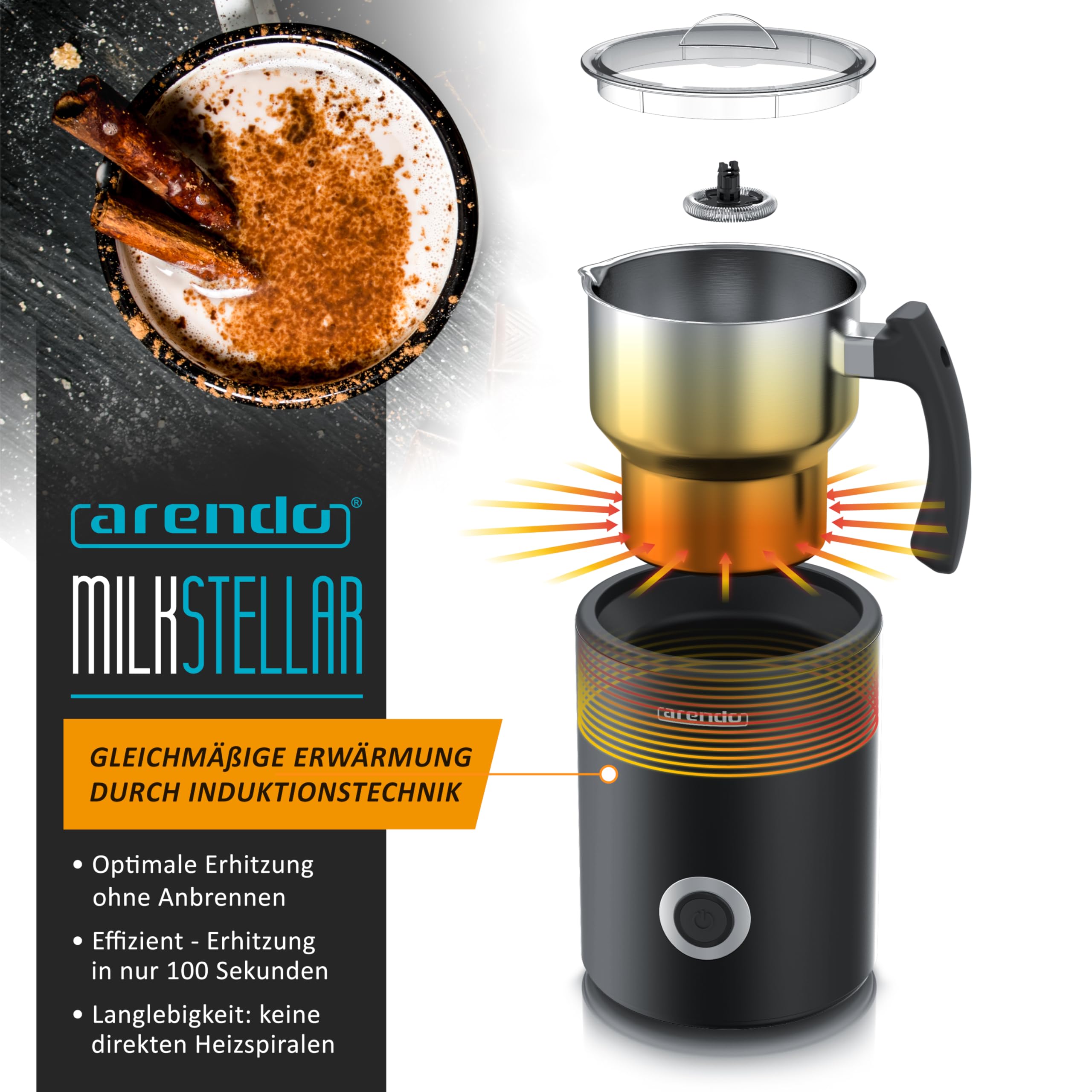 Arendo - Milchaufschäumer Induktion - elektrisch 500 W – 3 Programme – heiß und kalt aufschäumen – 250 ml Aufschäumen – 500 ml Erhitzen – Antihaftbeschichtung – Cappucino/Latte Macciato