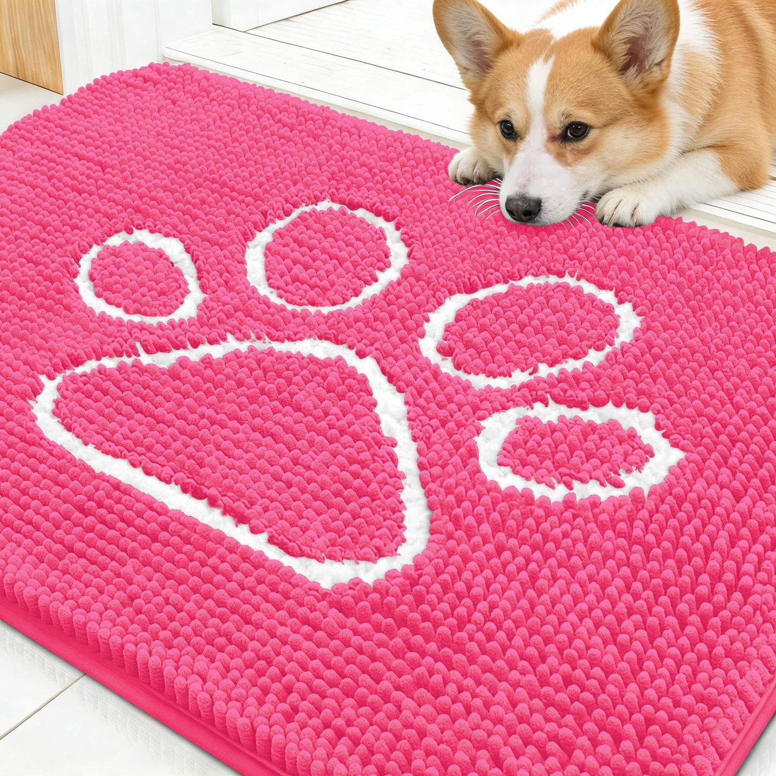 OLANLY Dog Door Mat for Muddy Paws 30x20, Paw Print Design Chenille Mud Mat