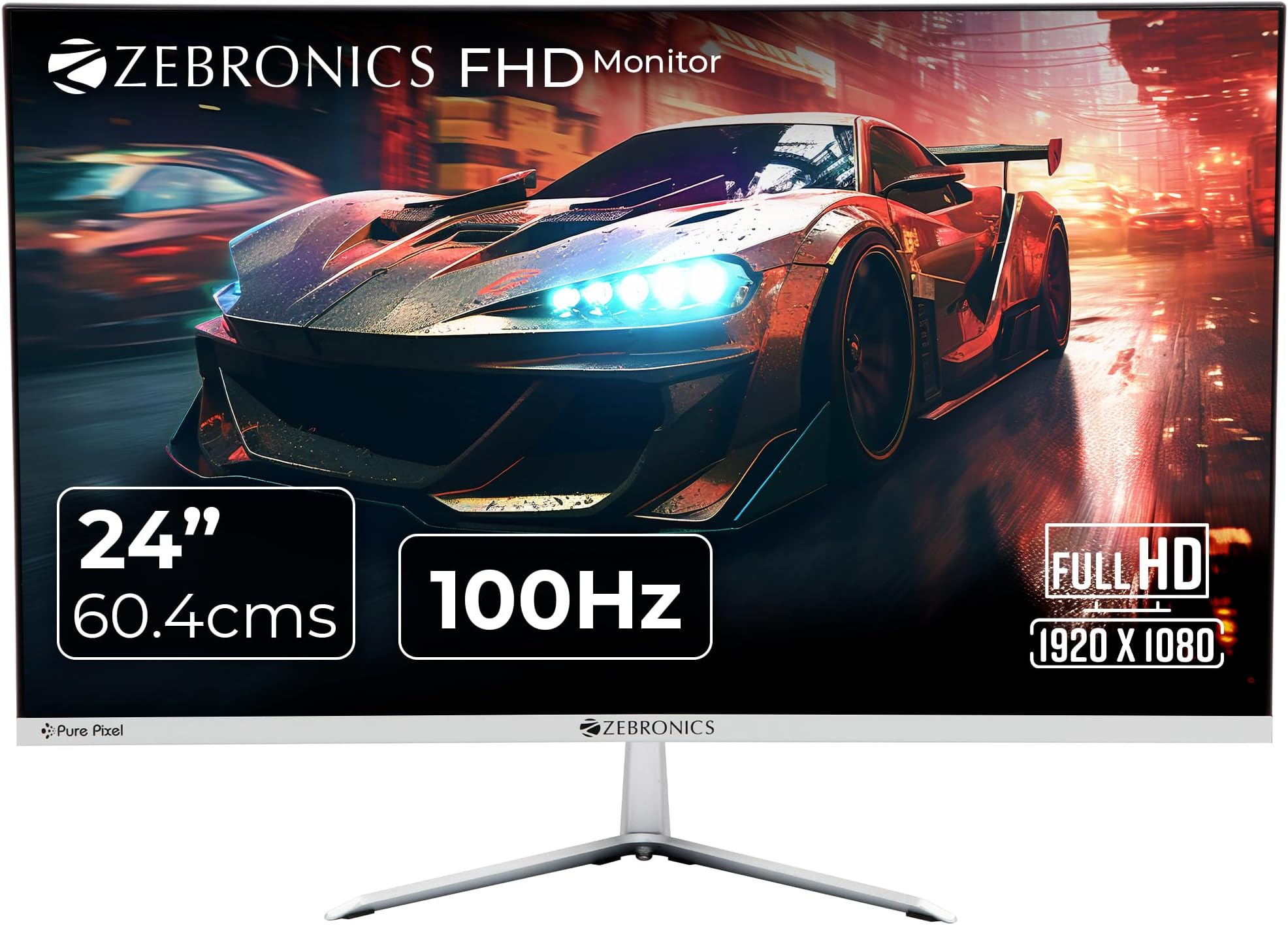 Zebronics ZEB-A24FHD Ultra Slim LED Monitor with 60.4cm (24”) Wide Screen, Full HD 1920x1080, 75Hz Refresh Rate, HDMI, VGA, 250cd/m² Brightness, Built in Speaker and Wall mountable Design