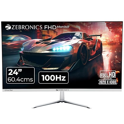ZEBRONICS A24FHD LED Monitor, 24 inch (60.96cm), 250 nits, 100Hz, Slim Design, FHD, 1080p, Wall Mountable, HDMI, VGA, Ultra Slim Bezel, Metal stand, Built-in Speakers