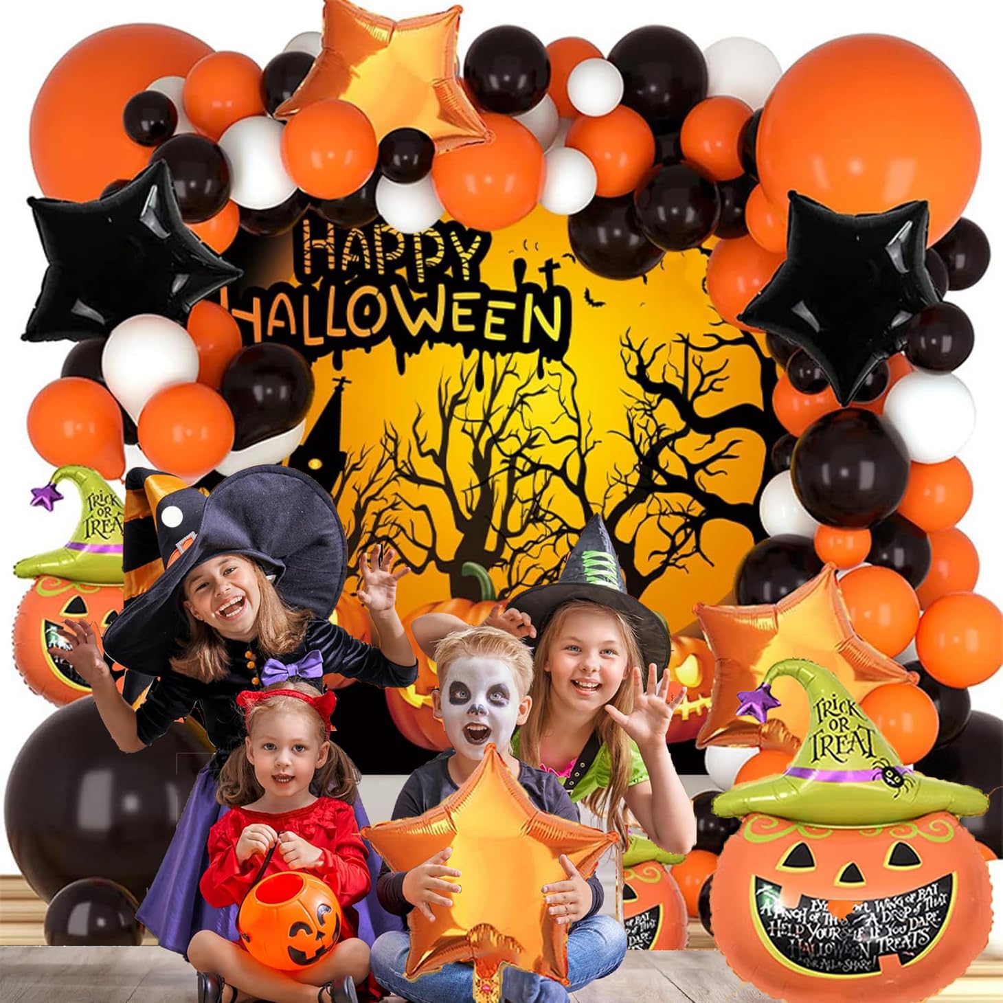 Hystyfu 135Pcs Halloween Balloon Arch Garland Set Halloween Party Supplies with Halloween Banners, Balloons and Hand Pump, Suitable for Children's Halloween Birthday Party Decorations Set