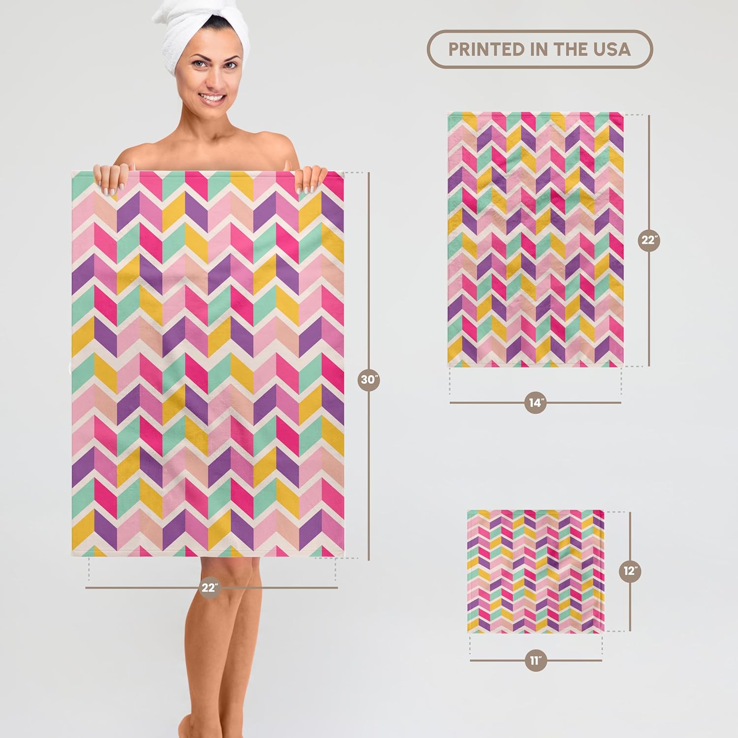 3dRose Pink, Purple, Yellow, Mint Green Broken Chevron Stripes Pattern 22x30 Bath Hand Pool Towel