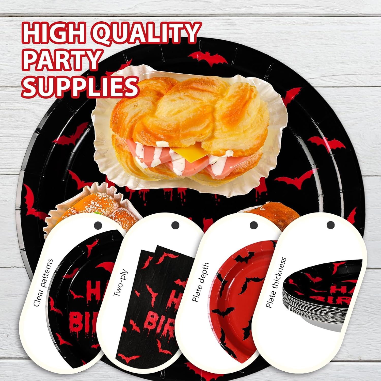 200Pcs Bats Birthday Party Supplies Bloody Bat Paper Plates and Napkins Red and Black Disposable Tableware for Boy Girl Spoky Stranger Birthday Party Decorations Serves 50