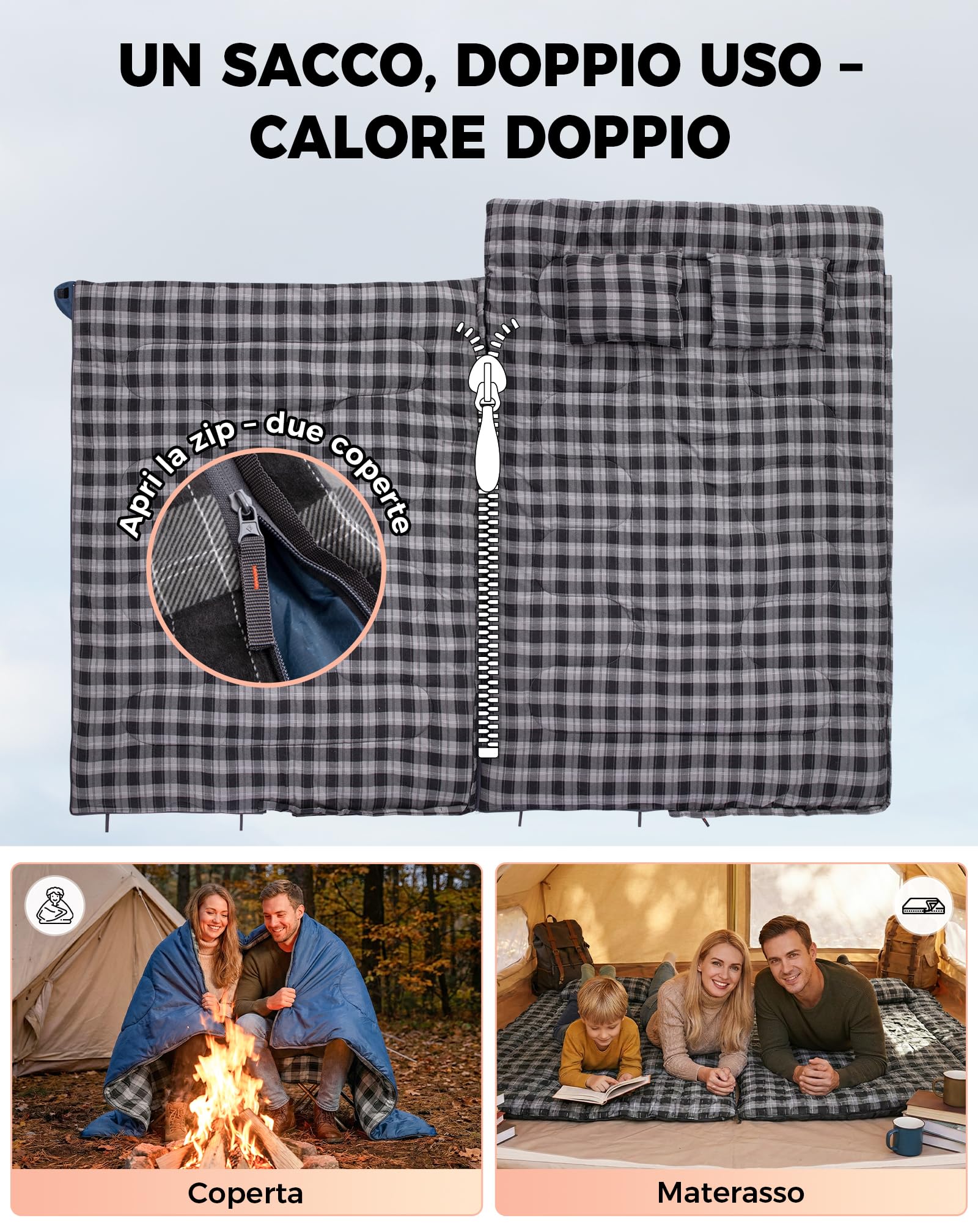 KingCamp Sacco a Pelo Matrimoniale Extra Grande, Sacco a Pelo 4 Stagioni Enorme 220x150cm con 2 Cuscini,Separabile in 2 Sacchi a Pelo Singola,Portatile Comodo Campeggio Leggero con Custodia