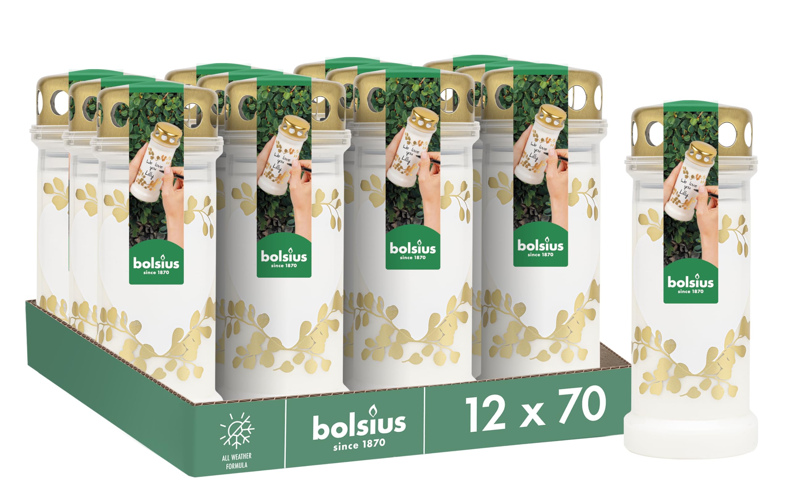 Bolsius Grave Light, White with Motif, Pack of 12, Heart, Long Burning Time 70 Hours, Funeral Candle & Memorial Candles
