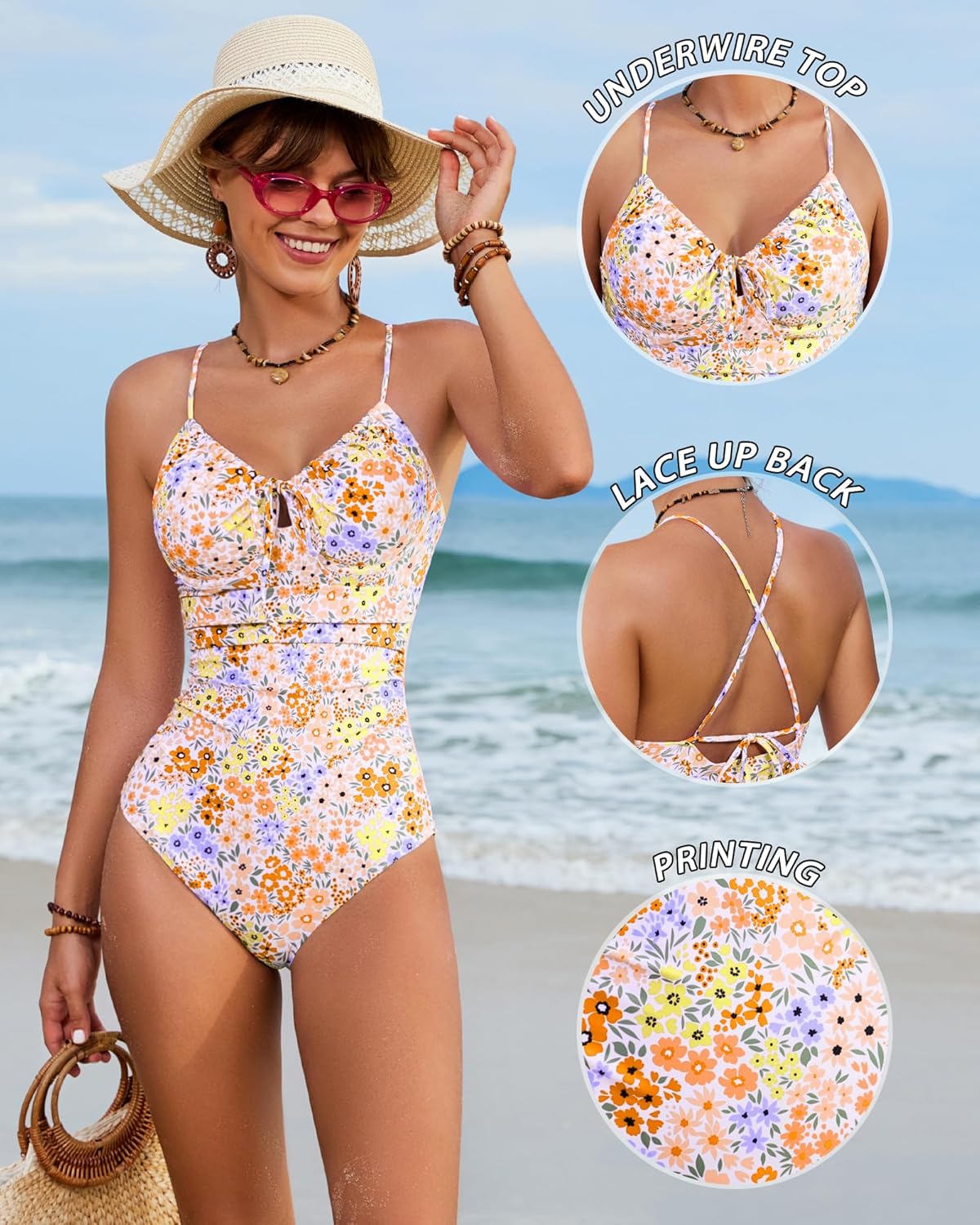 Jolefille Underwire One Piece Swimsuit Women Tummy Control Full Coverage Bathing Suit Push Up High Cut Swim Suits Floral Teen