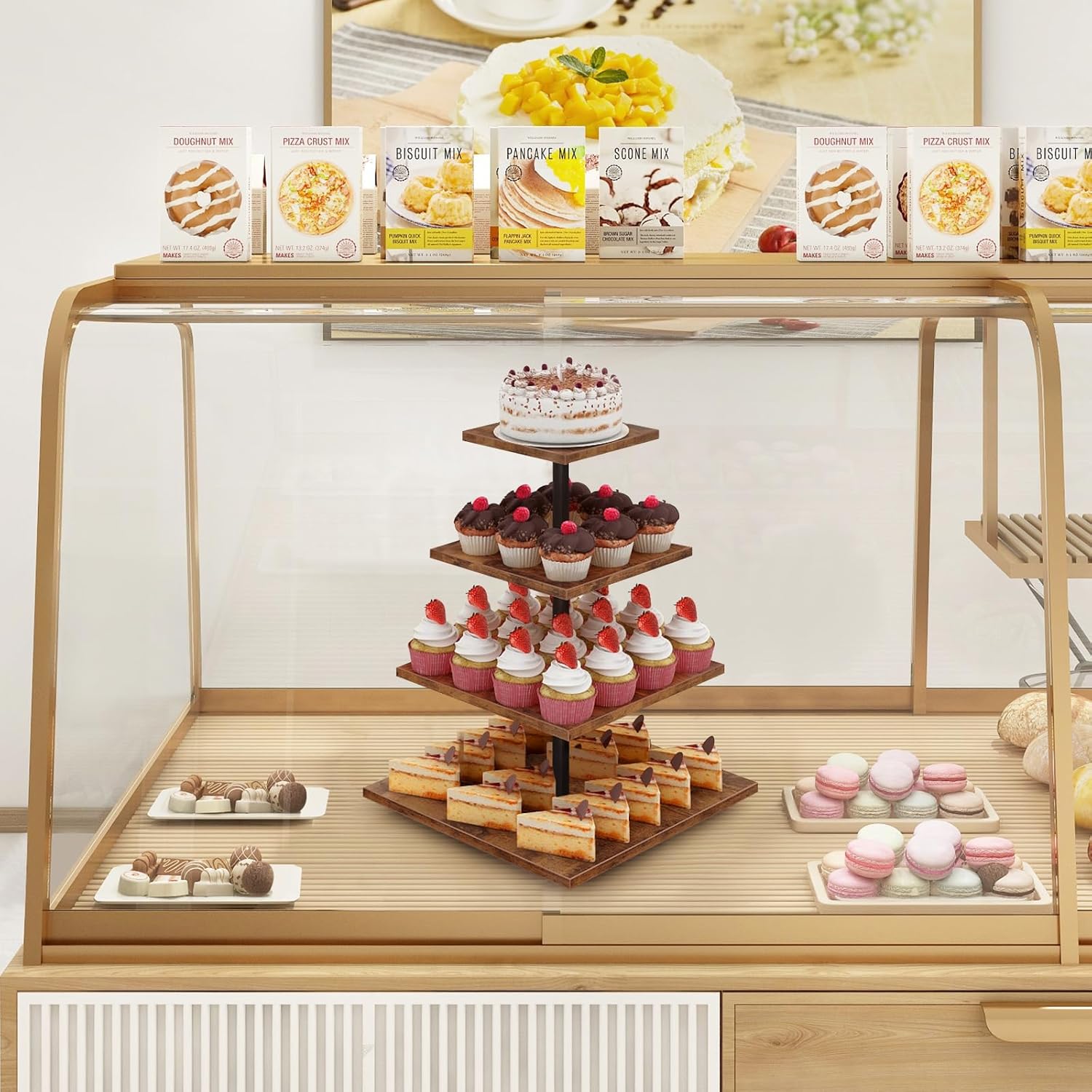 ELITEROO 4 Tier Cupcake Stand, 360 Rotating Cupcake Stand for 50 Cupcakes, Square Tiered Cup Cake Tower Holder, Wooden Dessert Display Stands for Party Wedding Graduation Birthday Baby Shower - Image 8