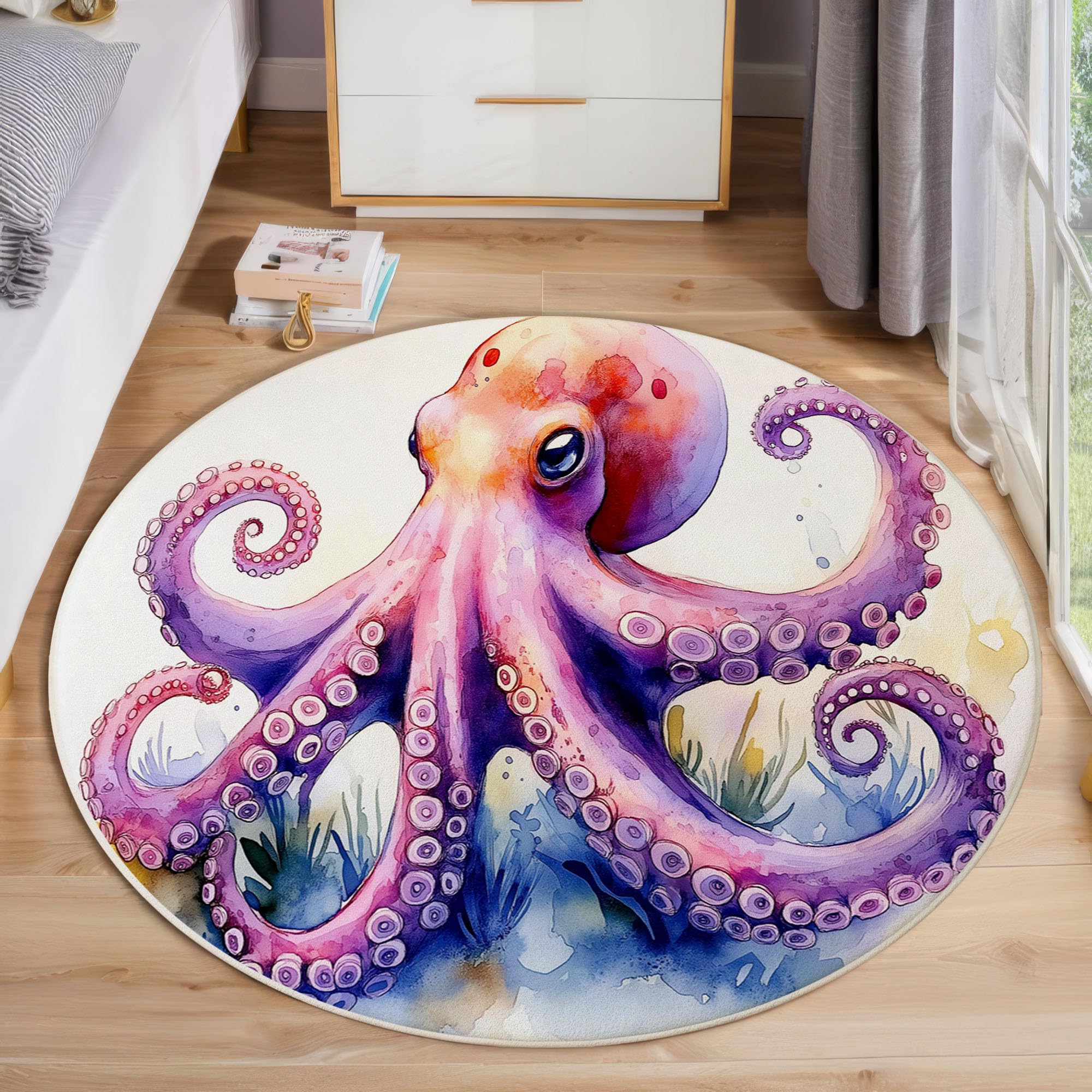 Tapis rond salon 120cm aquarelle motif poulpe violet à poils courts