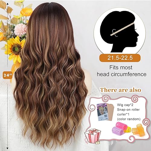 Miniatura 3 de AISI QUEENS Pelucas con flequillo, pelucas de reflejos marrones para mujer, pelucas largas onduladas con raíces oscuras, fibra sintética resistente