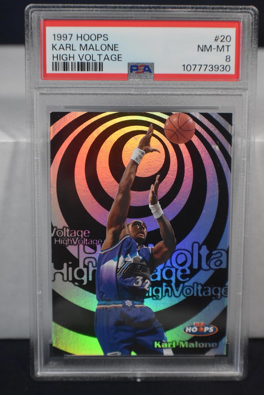KARL MALONE 1997-98 NBA Hoops High Voltage #20 Utah Jazz Basketball Card PSA Graded NM-Mint 8