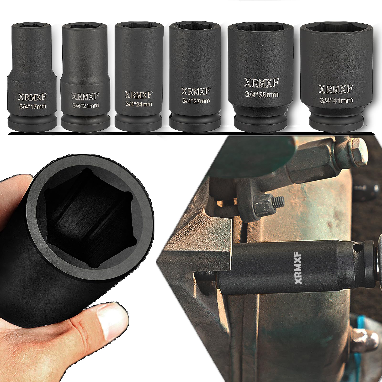 Set di chiavi a bussola, 10 pezzi, Deep Impact, 3/4", 17 – 41 mm, dadi esagonali a percussione per camion, trattori, motori di riparazione