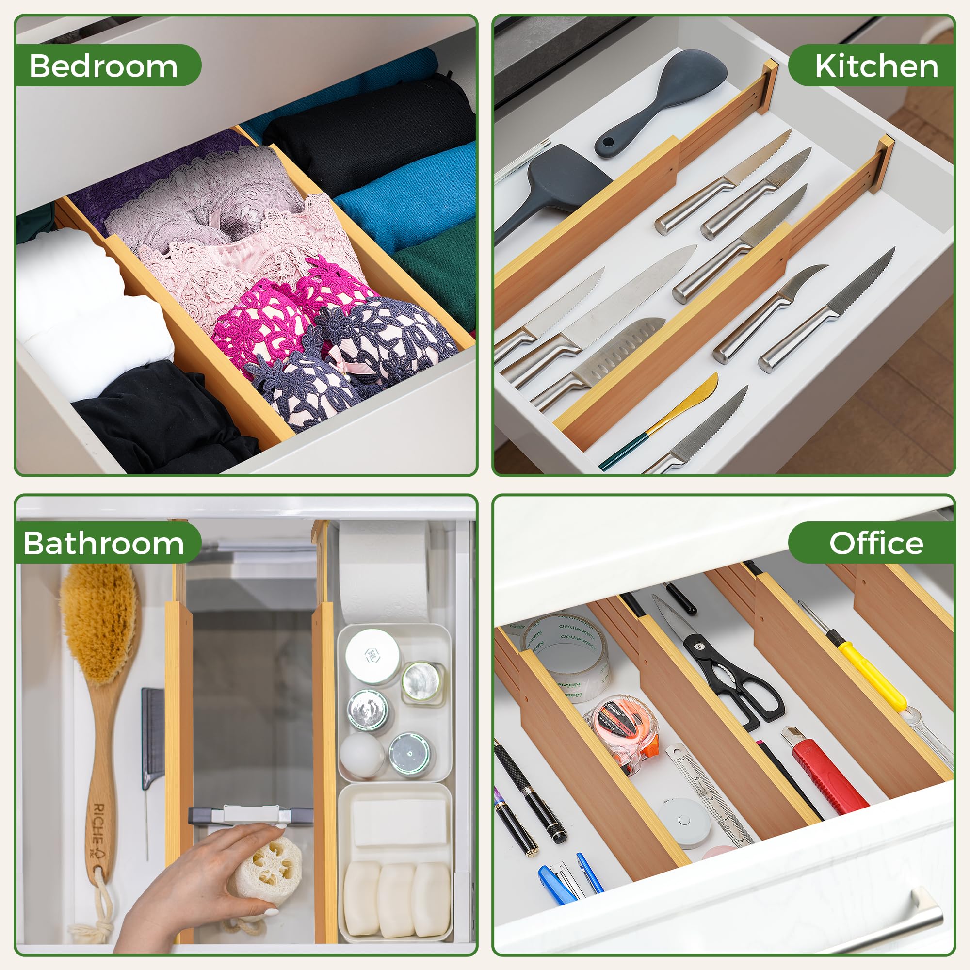 Schubladenteiler aus Bambus, 11,8 cm hoch, verstellbar von 43,2 cm bis 55,9 cm, Schubladen-Organizer, erweiterbare Schubladentrenner aus Holz für Kleidung, Schlafzimmer, Kommode, Büro, 6 Stück (Beige)