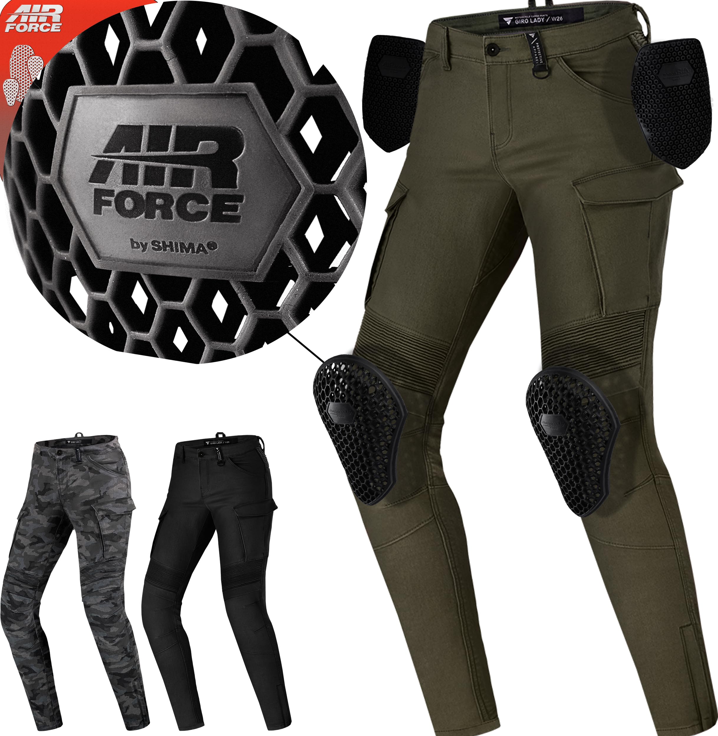 SHIMA Giro 2.0 Lady Motorcycle Pants for Women - Elastic, Slim Fit, Cargo Biker Trousrs Womens with DuraQL Layer, CE Knee and Hip Armor Pads, Side Pockets (Khaki, 24)