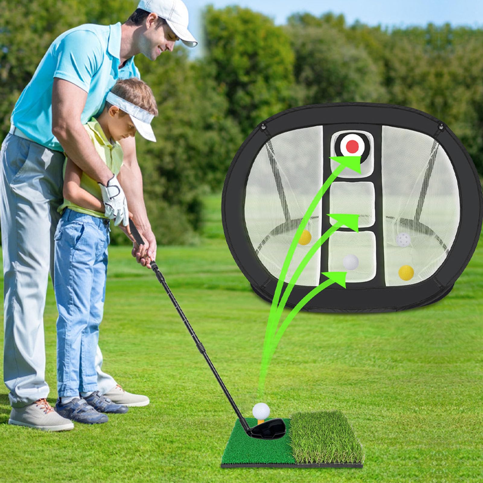 Golf Practice Net, Indoor Outdoor Training Golf Chipping Net with Portable Mat and Balls + Backyard Driving Range Equipment for All Ages Home Use