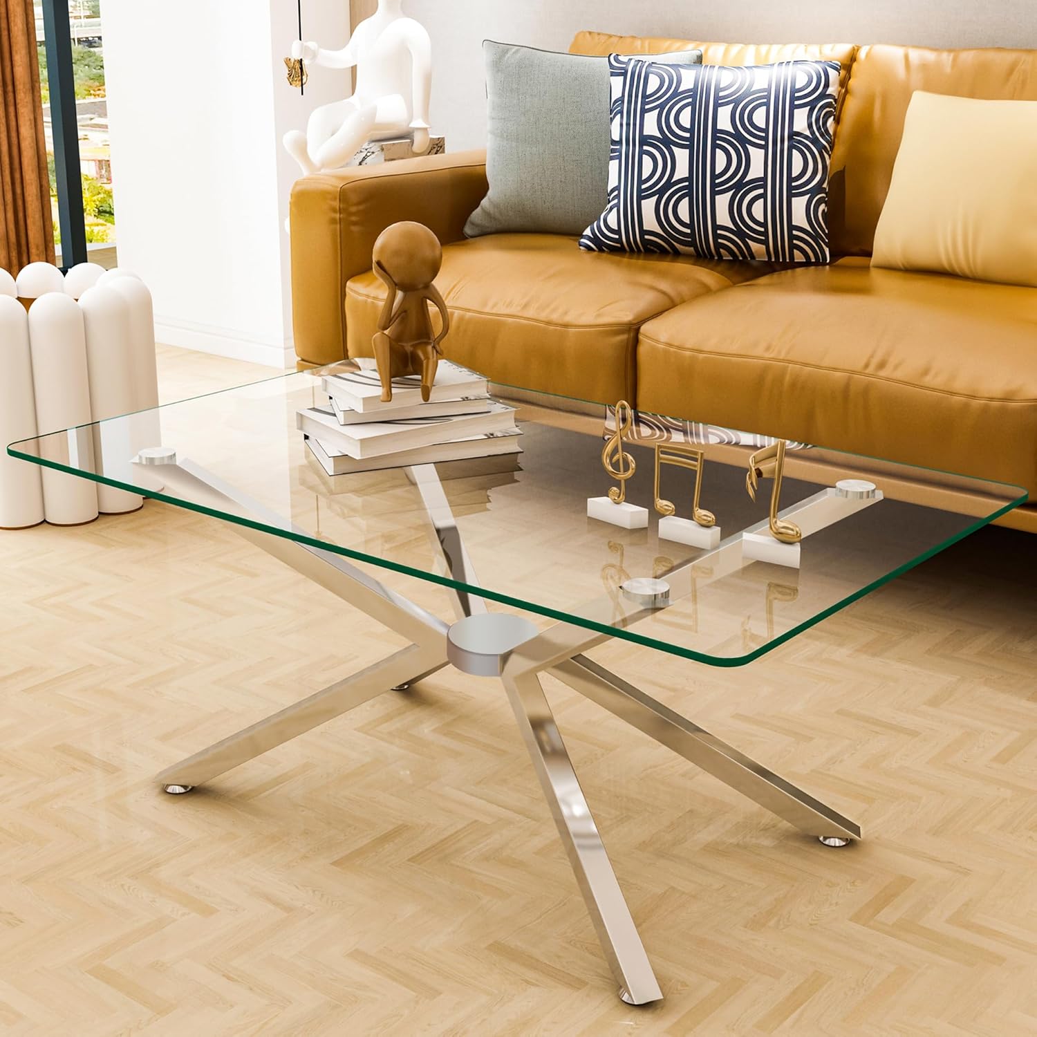 Modern Glass Coffee Table Clear Tempered Glass Top Coffee Table for Living Room,Silver Metal Tubular Legs Cocktail Table Center Table for Living Room, 39”Lx23.6”Wx17”H