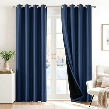Deconovo 100% Blackout Curtains, Thermal Insulated Window Drapes, Noise Reducing Panels, Black Liner Grommet Drapes, Bedroom Nursery Home Office, Navy, 42W x 63L, 2 Panels