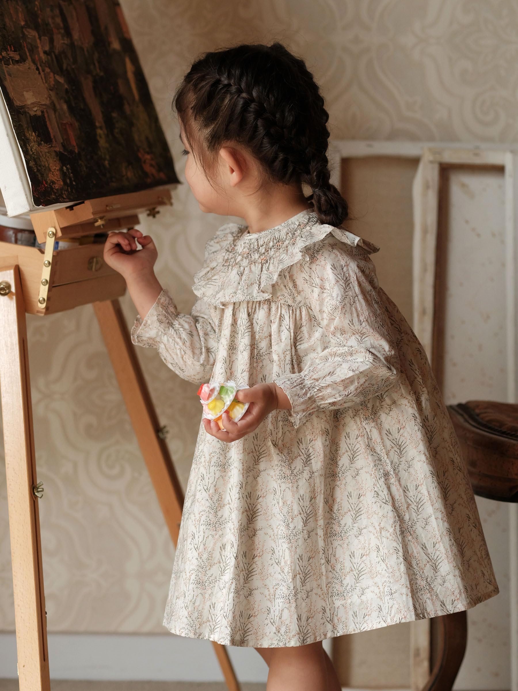 Baby Girls Long Sleeve Smocking Clothing Toddler Fall Floral Smocked Dress Vintage Dresses for Easter Birthday Holiday (US, Age, 12 Months, Beige)