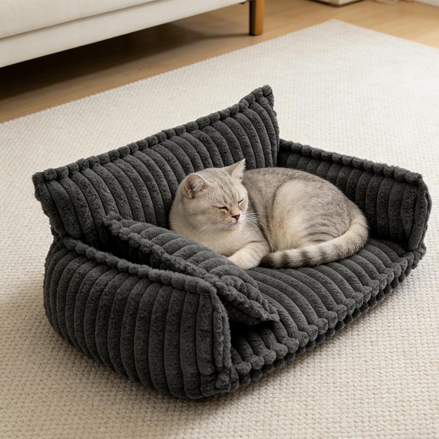 39.4in Oversized Dog Couch, Dog Beds for Medium Size Dogs, Cute Soft Fluffy Pet Sofa with Pillow and Removable Washable Cover, Calming Modern Style for Fuzzy Pets(Dark Gray, 39.4*26.4*15.8in)