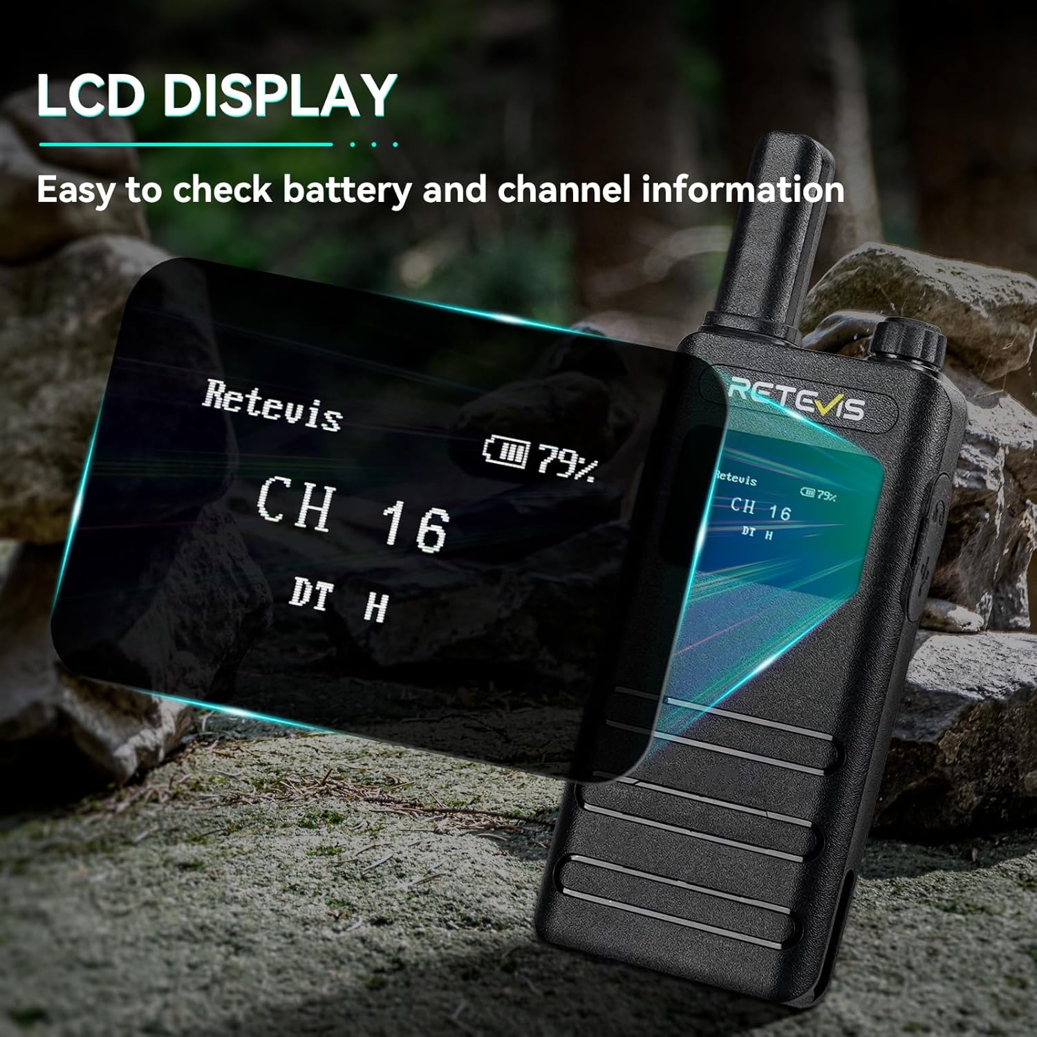 A Retevis B3S walkie-talkie displaying 'Retevis CH 16 DT H' on its LCD screen, showing battery and channel information.