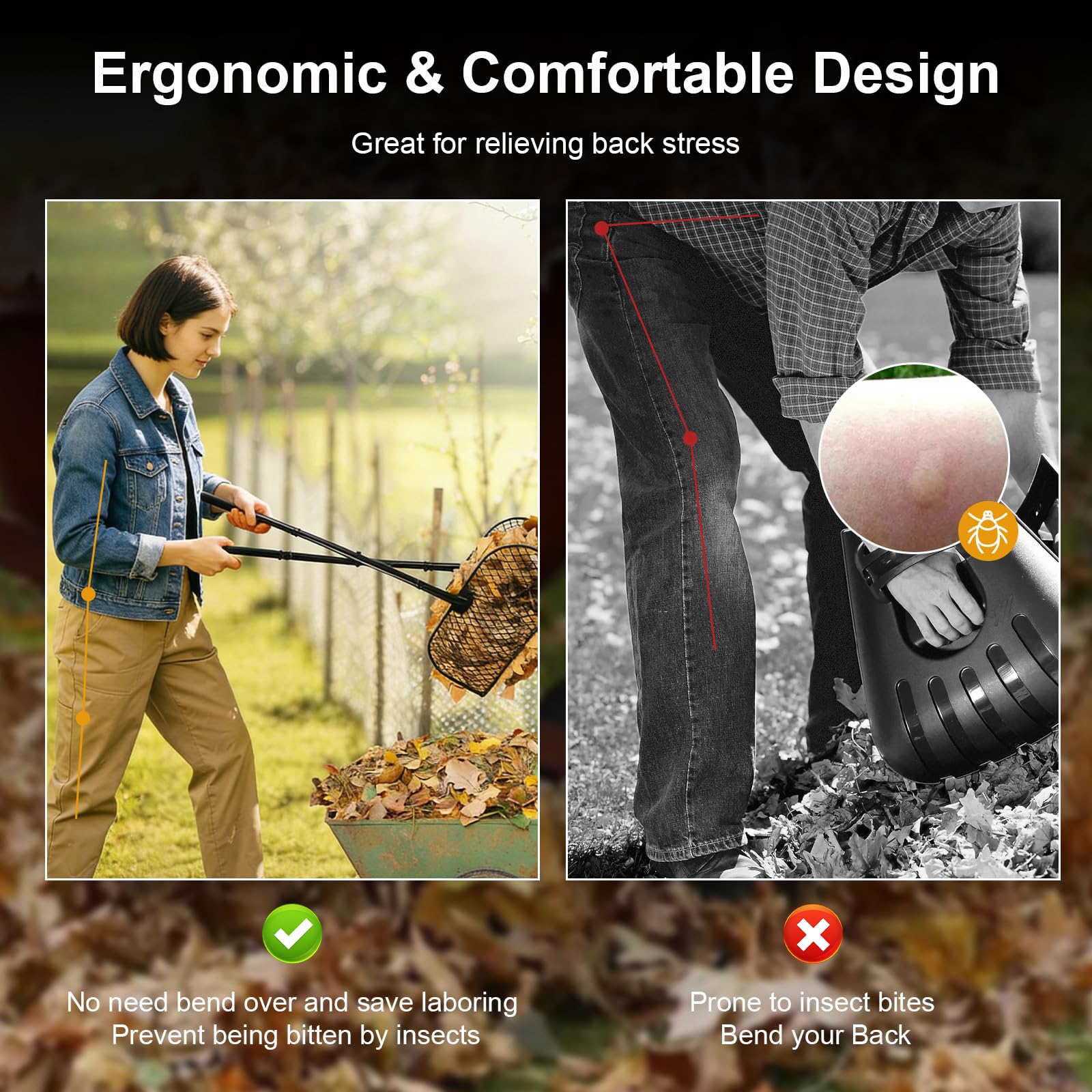 Rastrello per foglie con manico lungo, raccoglie foglie da giardino, in metallo, con rastrello in metallo largo 40 cm, per raccogliere foglie, erba