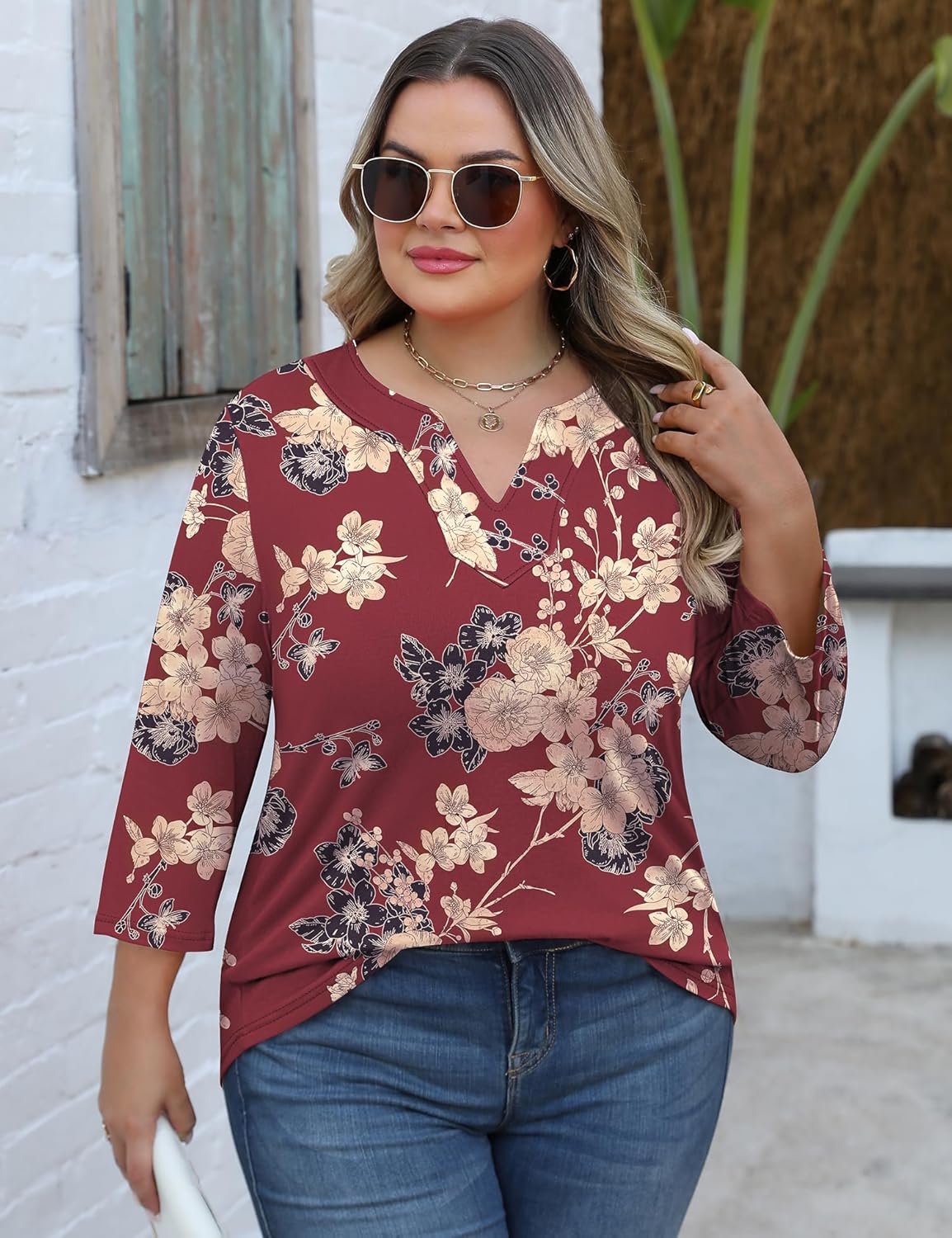 Romanstii Womens Plus Size Tops Casual 3/4 Sleeve V Neck T Shirt Loose Fit Tunic Blouse 1X-5X - Image 5