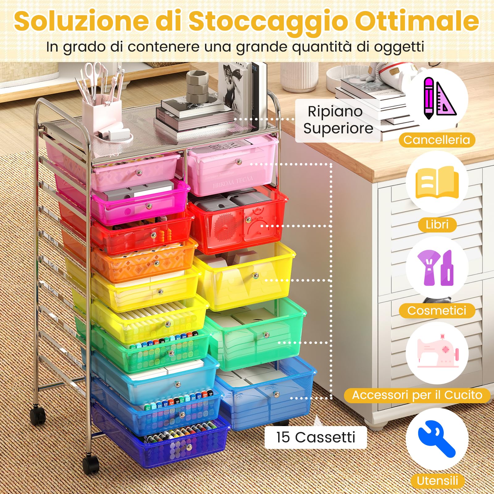 RELAX4LIFE Carrello Portaoggetti con 15 Cassetti Staccabile，Impilabili e Impermeabile, con 4 Ruote Universali, Salvaspazio di Grande Capacità, Multiuso per Cucina, Bagno e Ufficio (COLORATO 4)