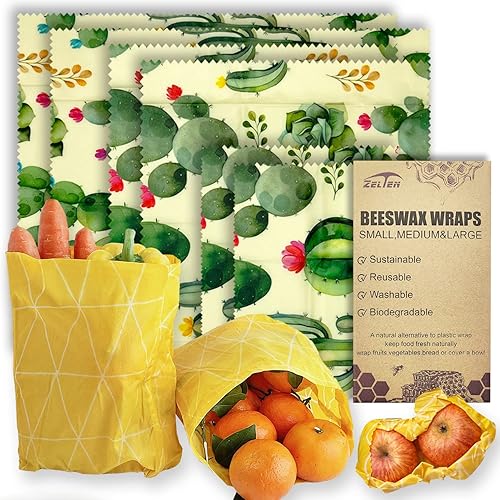 Miniatura 8 de Zelten Envolturas reutilizables de cera de abejas (6 paquetes, 3 tamaños S, M, L, con cuerda de cáñamo de 6.6ft, dos botones) sin plástico y