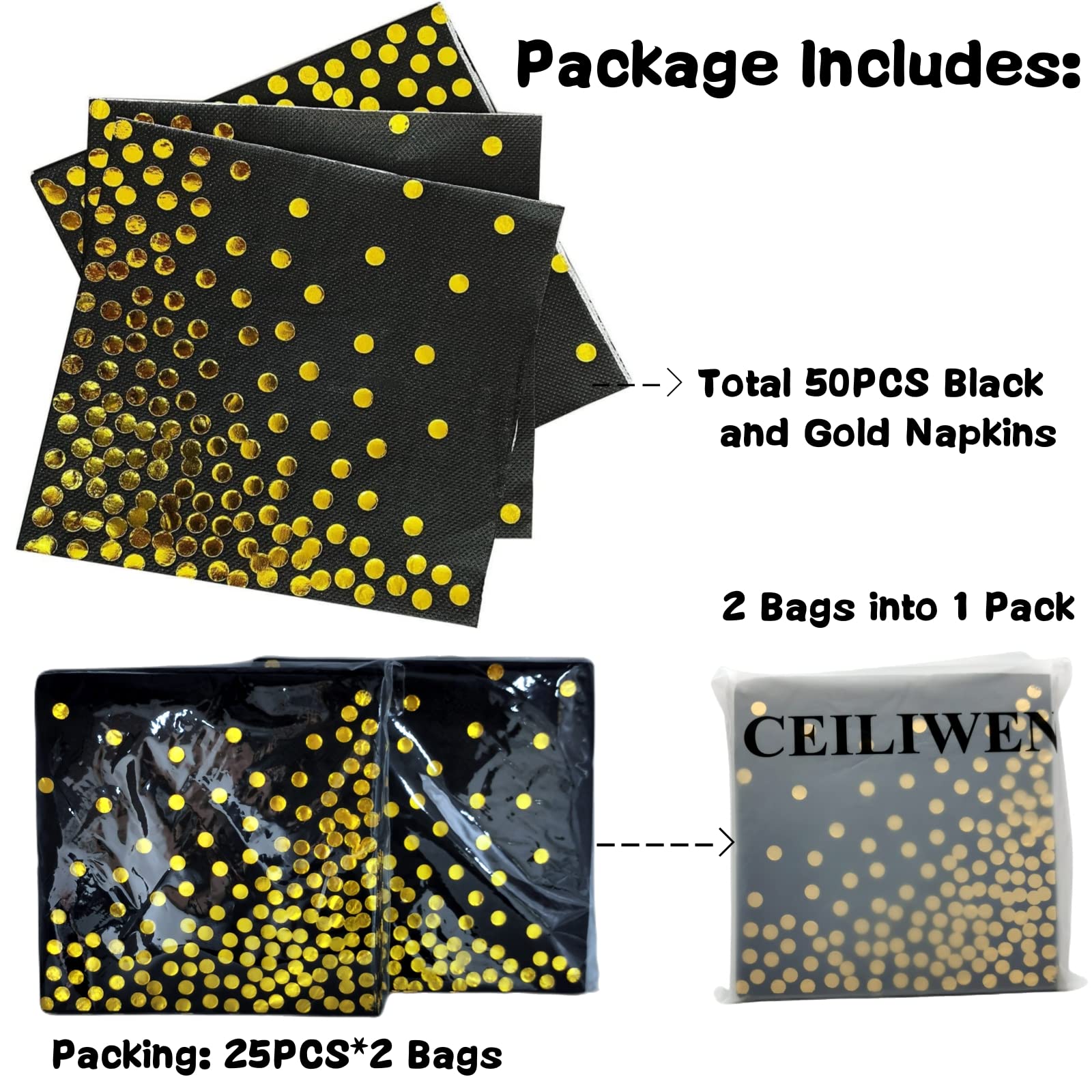 CEILIWEN 50PCS Black and Gold Polka Dot Party Napkins, 33x33CM Cocktail and Dinner Serviettes, Black&Gold-50PCS, 33X33CM/13*13INCH - Image 4