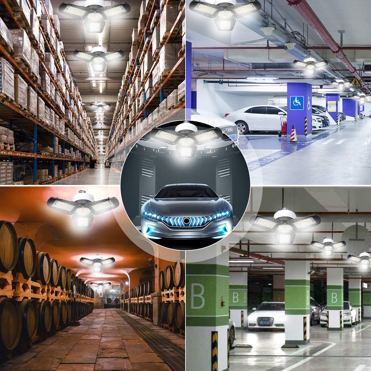 LED Garage Lights, 80W Garage Lights 9600LM 6000K E26 LED Garage Light Bulb,Deformable LED Garage Ceiling Lights with 3 Adjustable LED Panels Fits for Garage, Warehouse, Workshop and Basement.