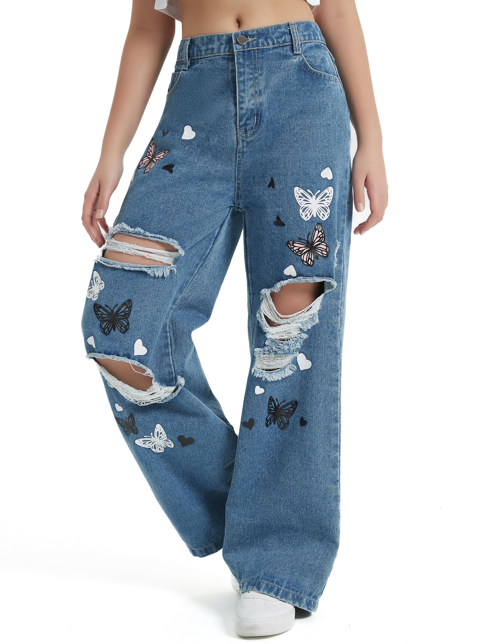 EXARUS Pantalones de mezclilla holgados para niñas, pierna ancha, acampanados, ajustados, para adolescentes, ropa de mezclilla rasgada, ropa preppy casual, para niños de 6 a 14 años