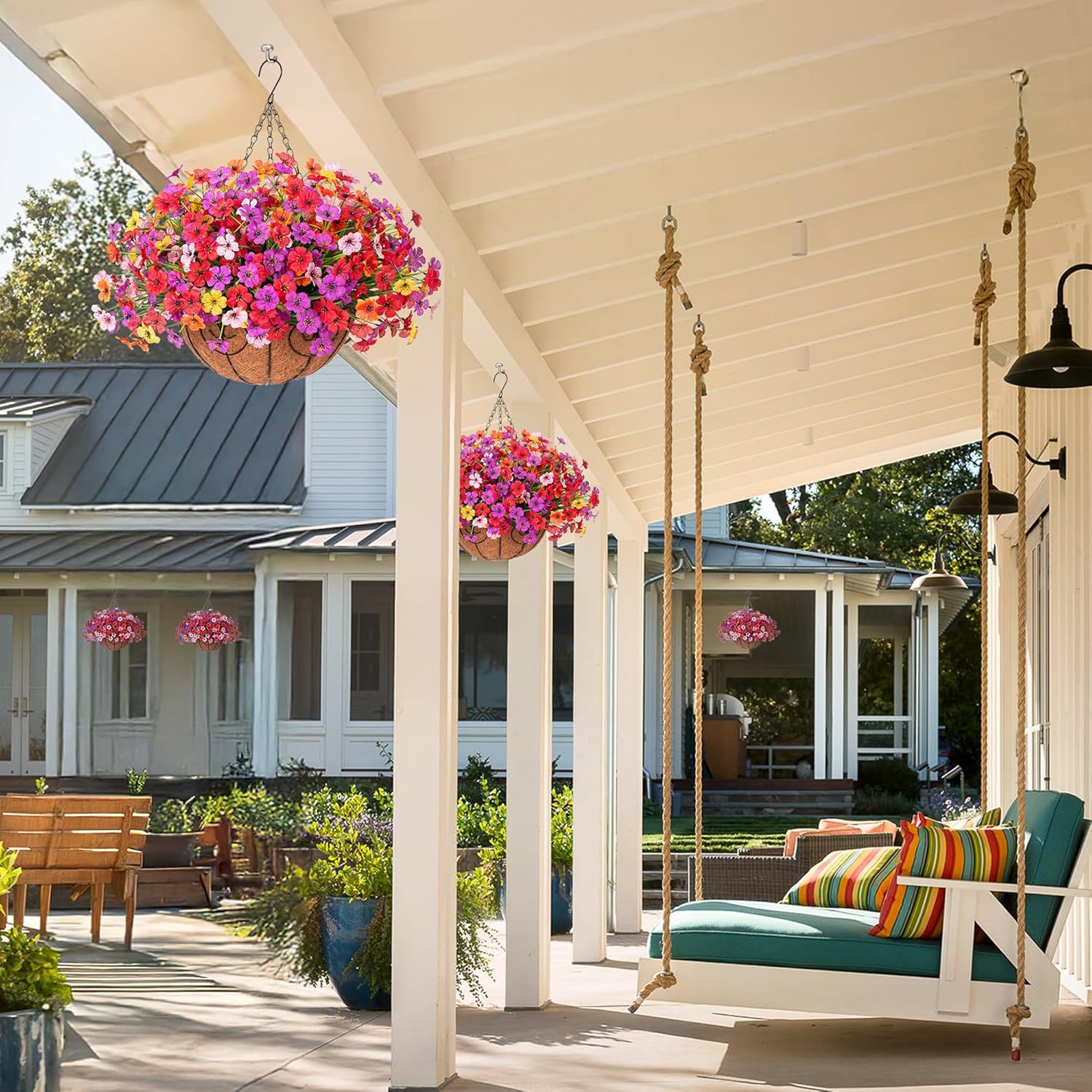 Artificial Fake Hanging Flowers with Basket for Spring Outdoor Decoration, Faux Silk Daisy Flower Plastic Plants UV Resistant for Garden Yard Porch Patio Balcony Home Decor (Mixed Color)