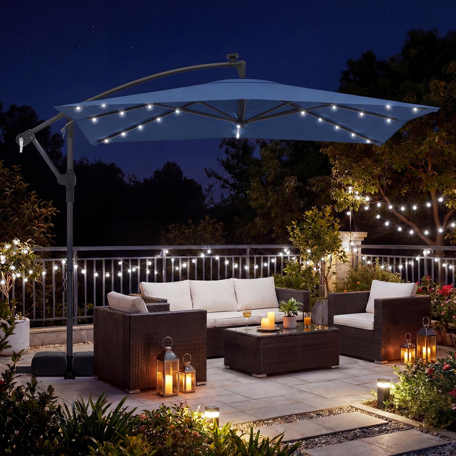 Tangkula 8x8 FT Solar Patio Umbrella with Base Included, Square Offset Cantilever Outdoor Umbrella with 360 Degree Rotation, 32 LED Lights, Crank Handle, 2 Sandbags, 8 Ribs, Air Vent for