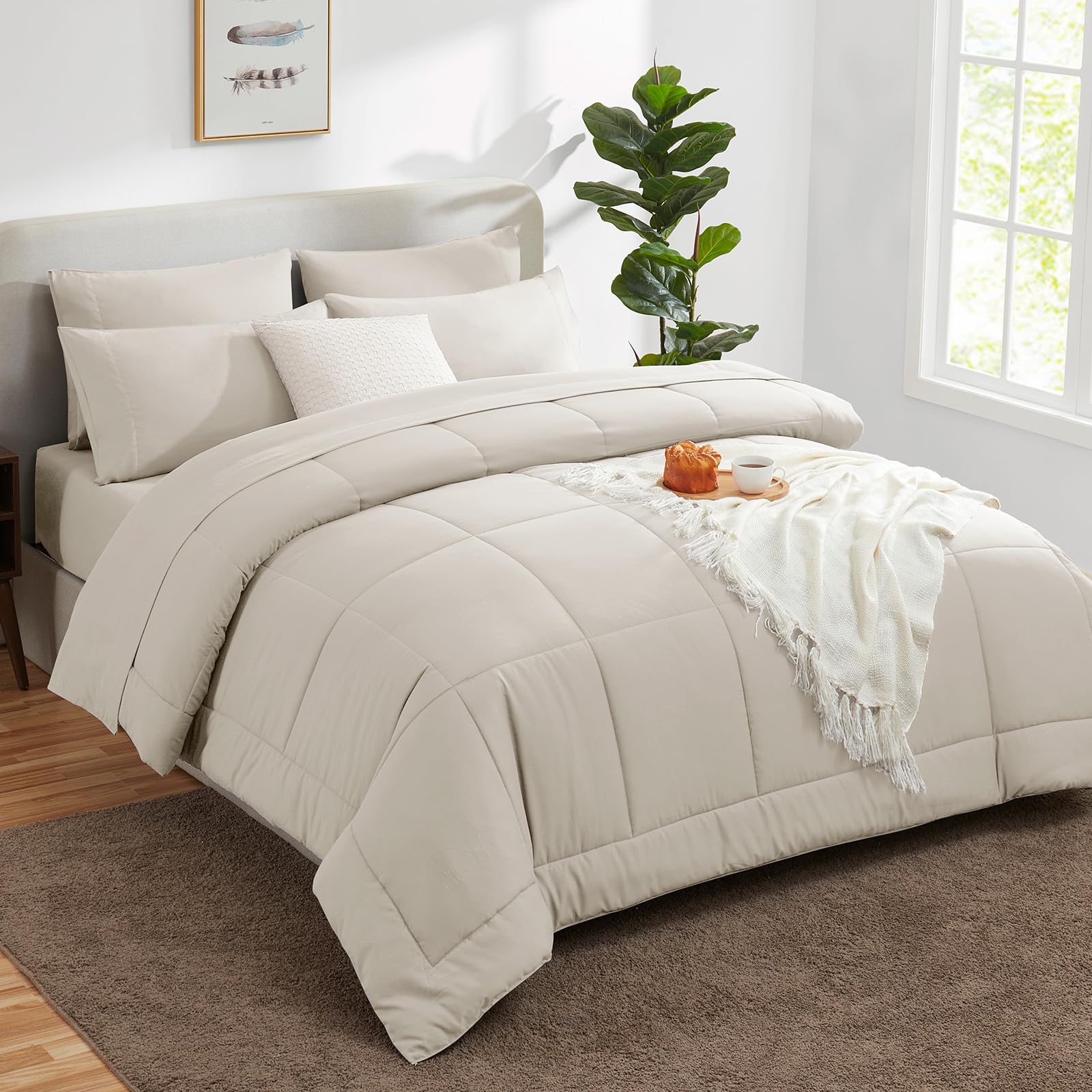 cozylux queen size comforter sets - 7 pieces bed in a bag set beige, bedding sets queen with all season quilted comforter, flat sheet, fitted sheet, pillowcases, beige, queen